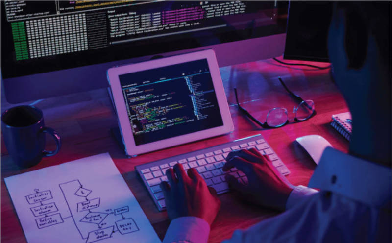 programmer, multiple screens, glowing purple and blue screen lights, SD Desktop Wallpaper