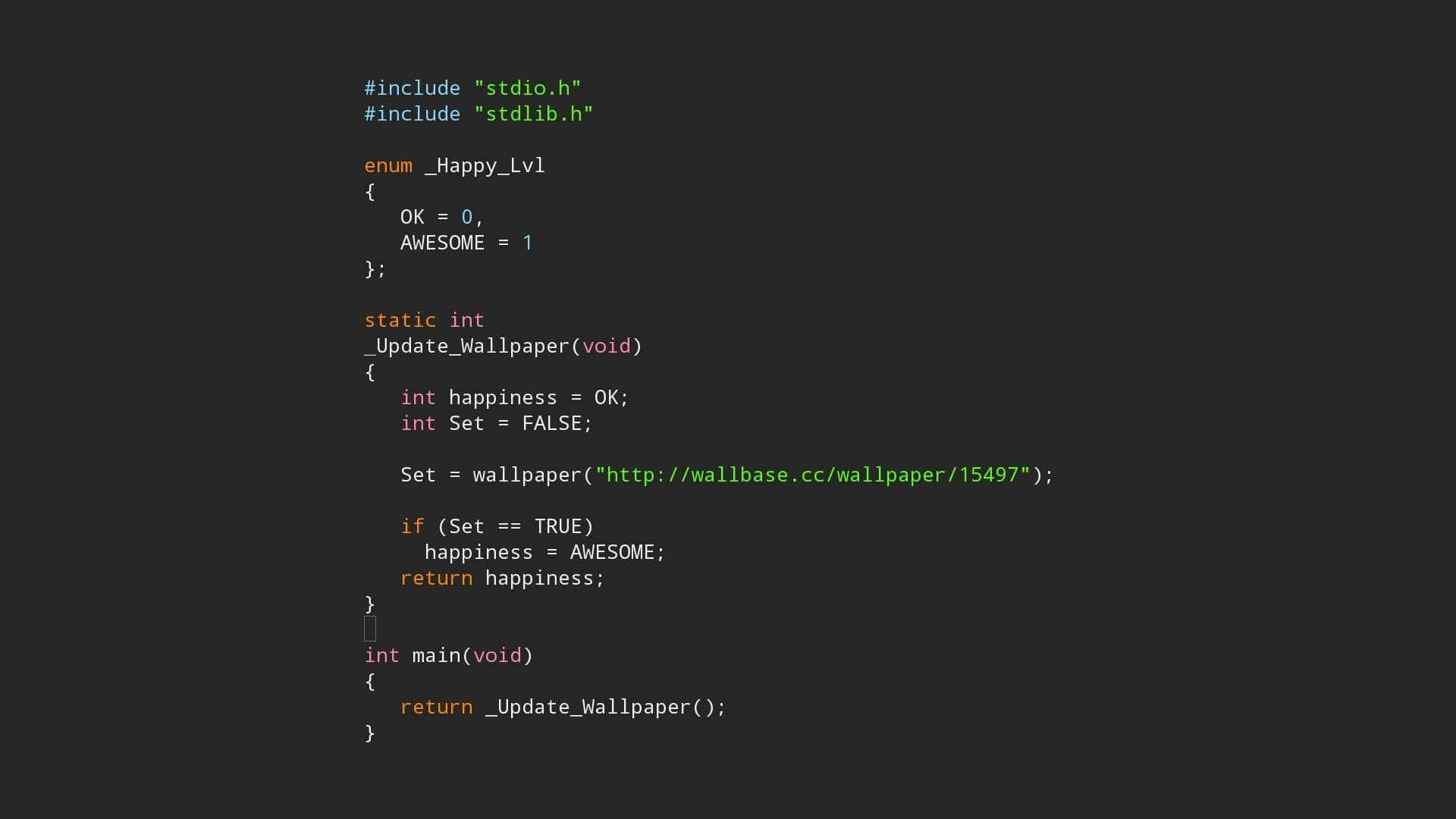 C code, enum for happiness levels, dark-themed code editor, Full HD Desktop Wallpaper