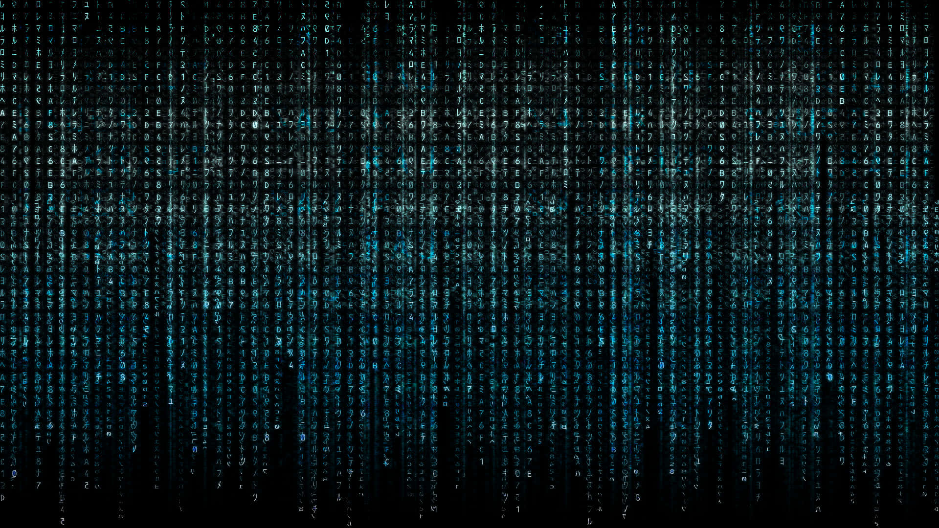 digital rain, glowing blue code streams, pitch black void, Full HD Desktop Wallpaper