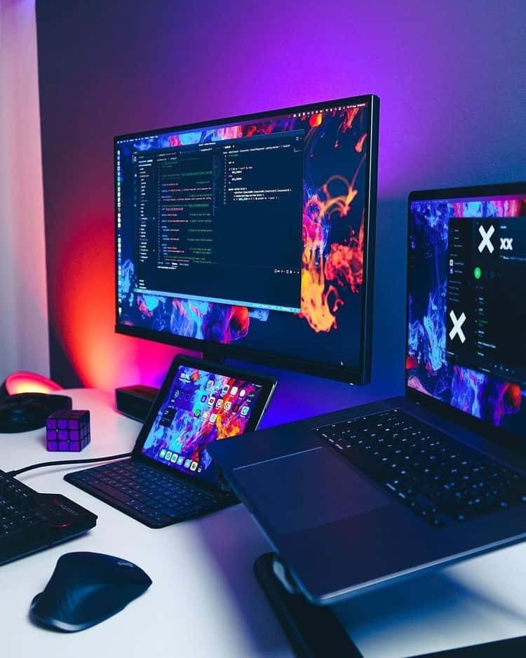 glowing screens, colorful ambient lighting, purple hues, SD Phone Wallpaper