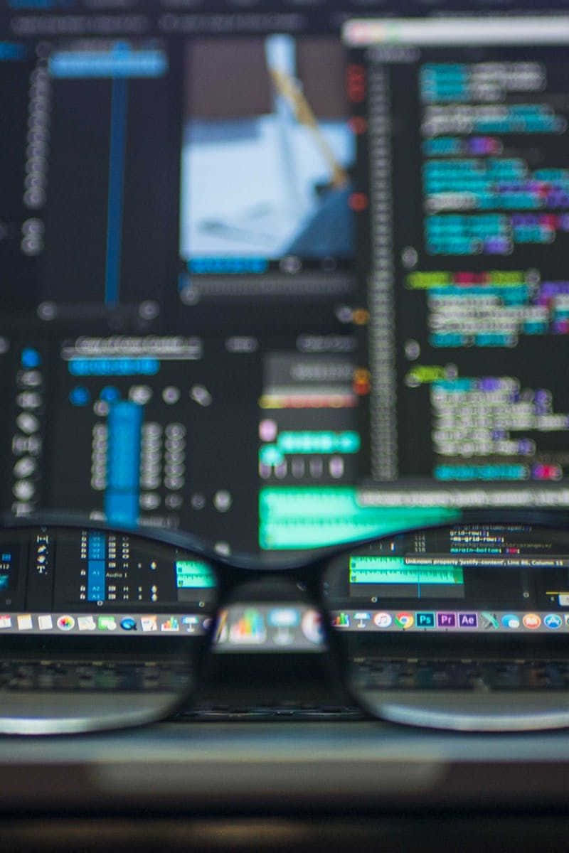 glasses, desk, computer monitors, SD Phone Wallpaper