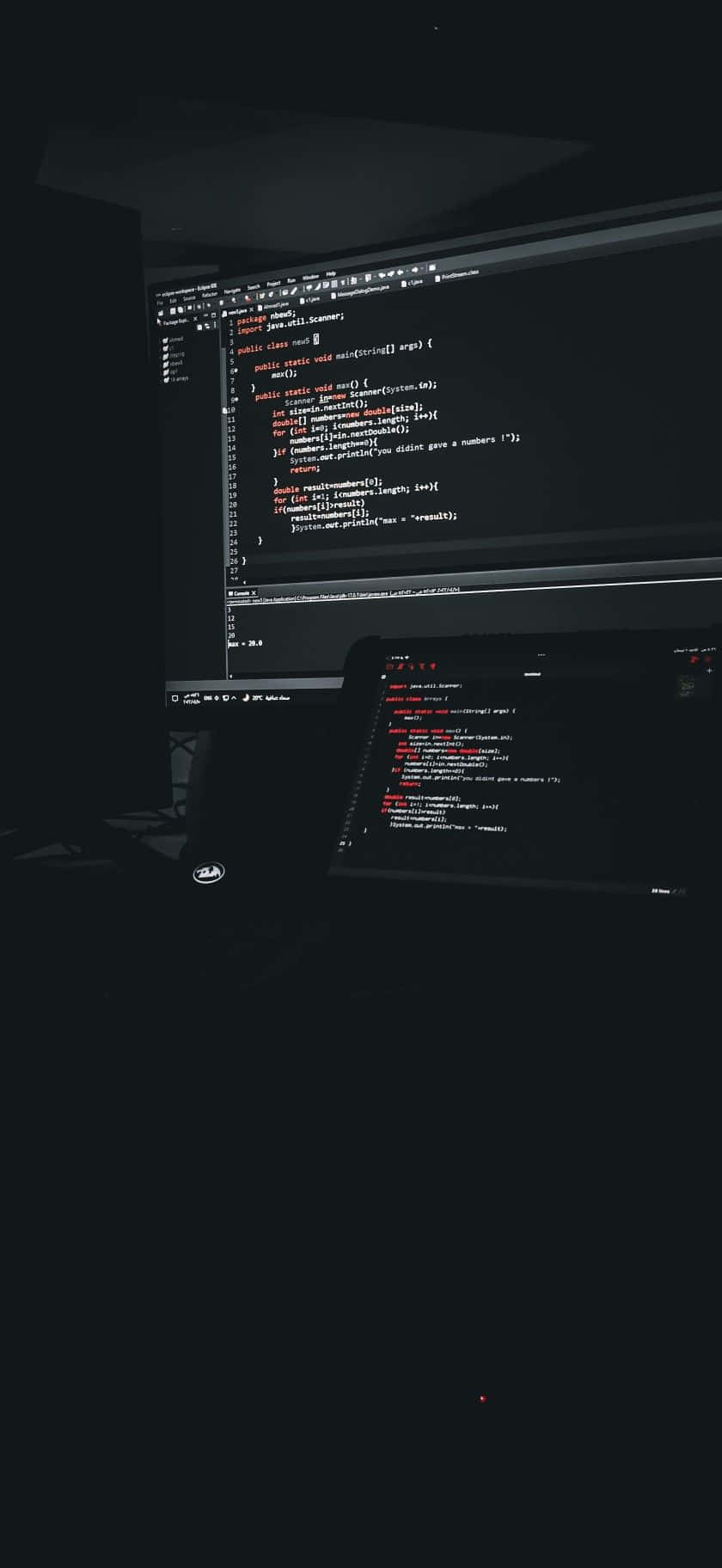 Dark room, glowing computer screens, colorful lines of code, HD Phone Wallpaper
