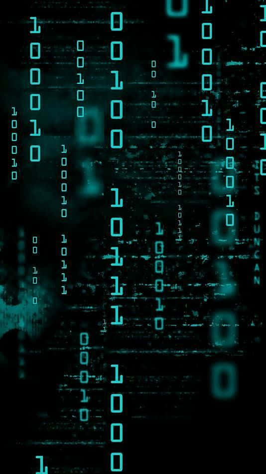 glowing teal binary code, dark screen, glitch effects, SD Phone Wallpaper