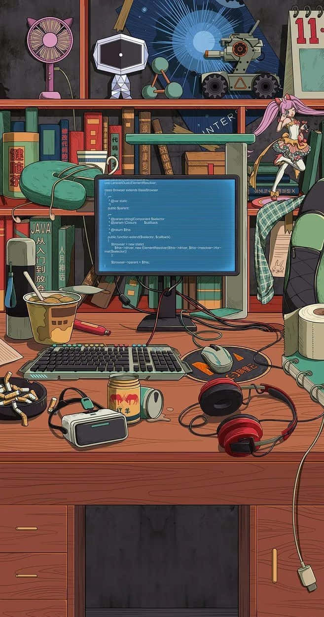 anime-style, gamer's desk, glowing monitor, SD Phone Wallpaper