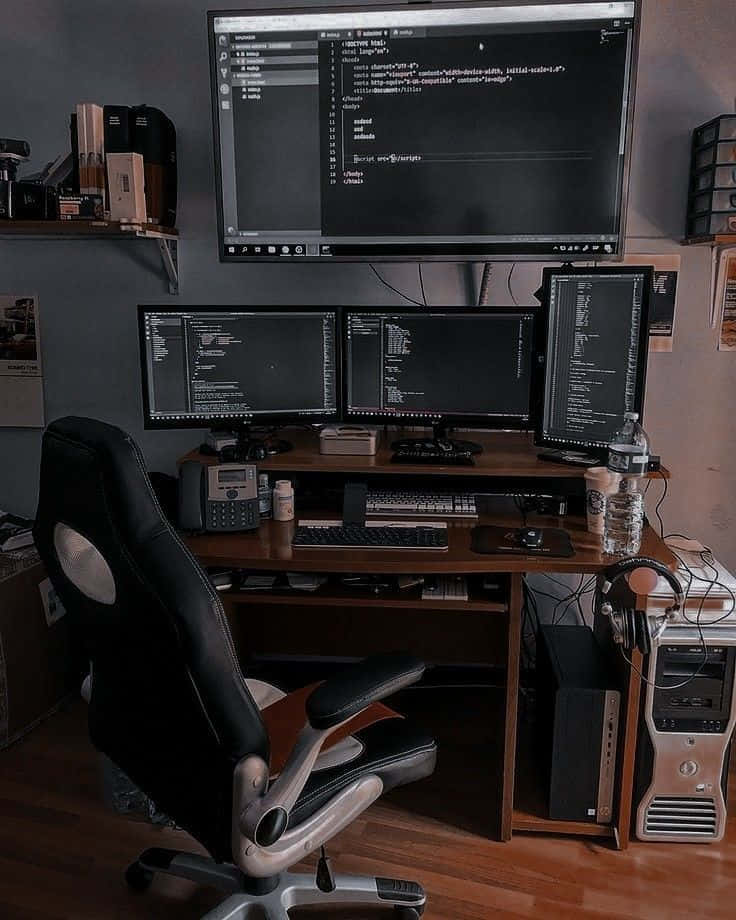 black ergonomic chair, four monitors, code, SD Phone Wallpaper