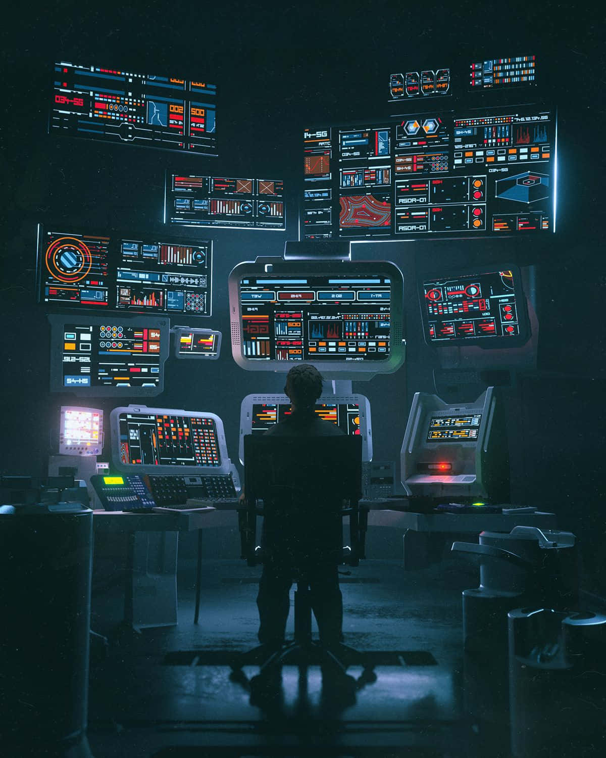 Programmer, futuristic control room, glowing holographic screens, HD Phone Wallpaper