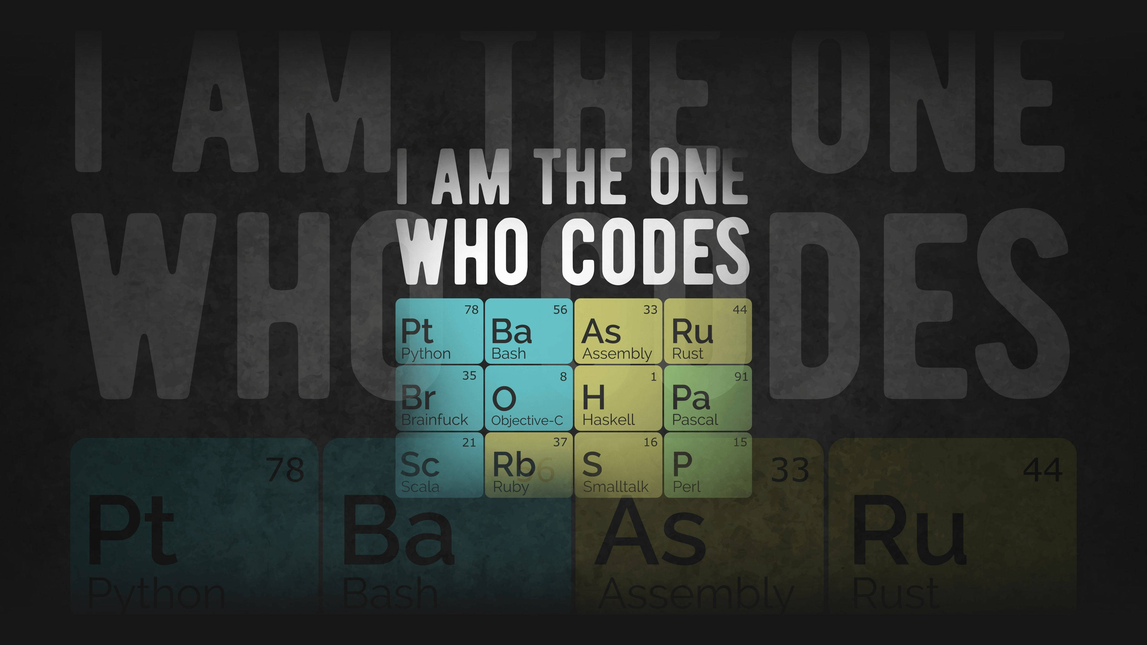 I AM THE ONE WHO CODES, periodic table of programming languages, dark textured background, 4K Desktop Wallpaper