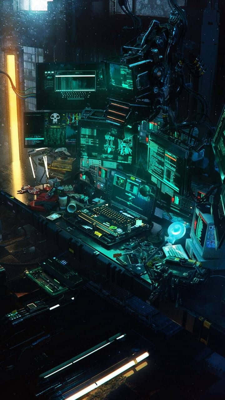 cyberpunk workstation, green neon glow, multiple monitors, HD Phone Wallpaper