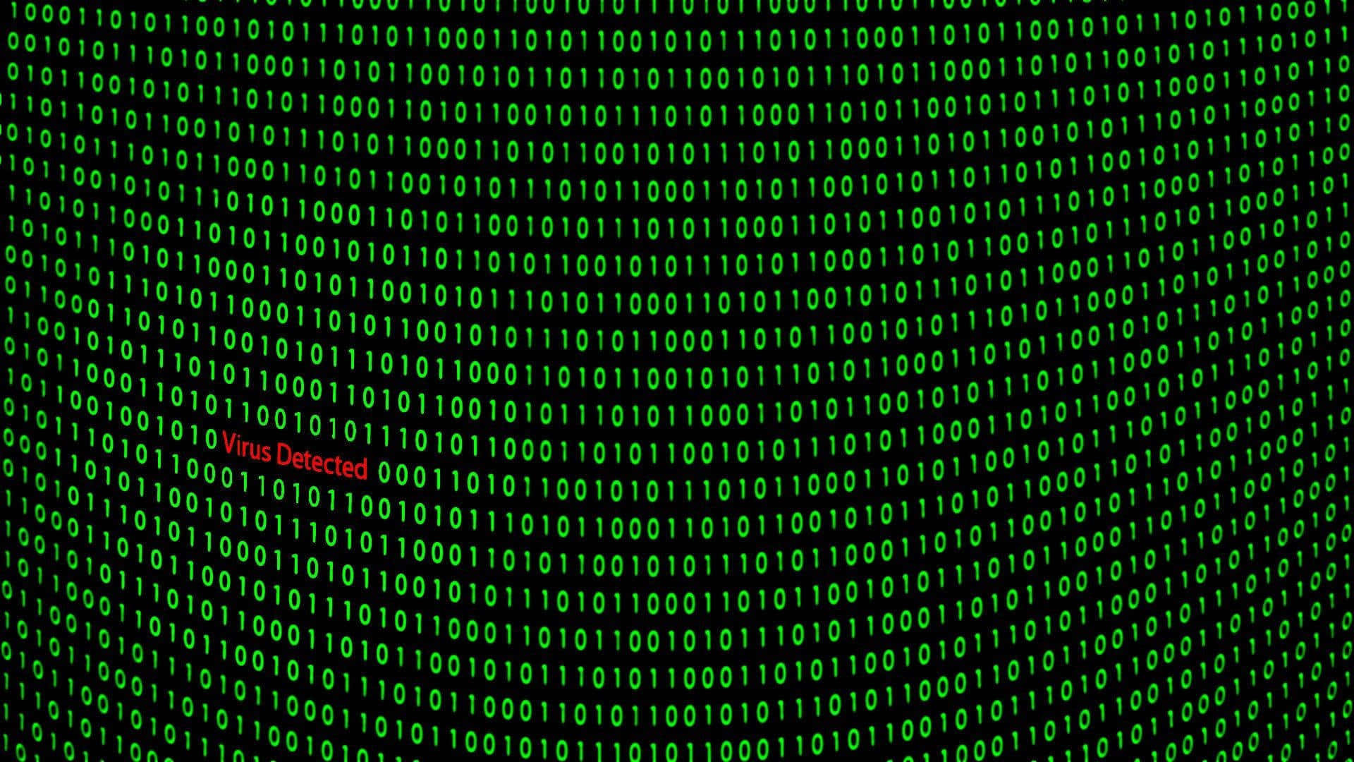 Green binary code, black screen, red 'Virus Detected' alert, Full HD Desktop Wallpaper