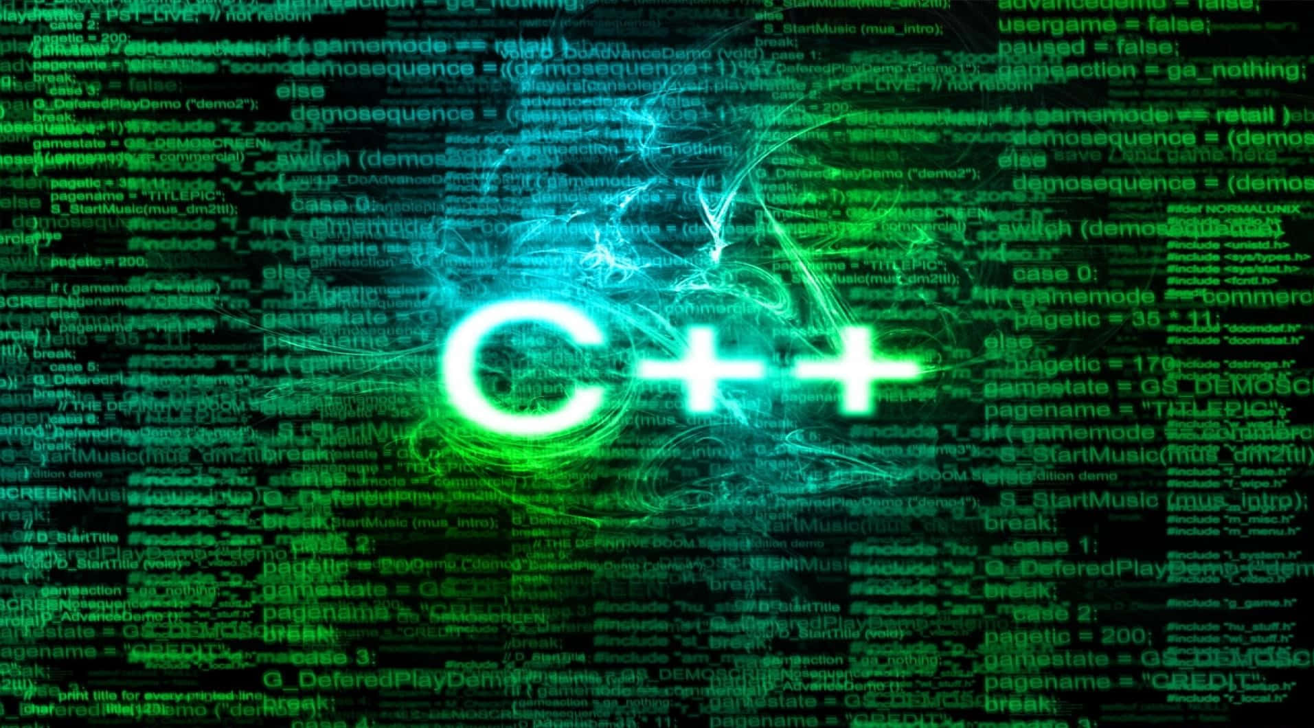 C++, green lights, dark background, HD Desktop Wallpaper
