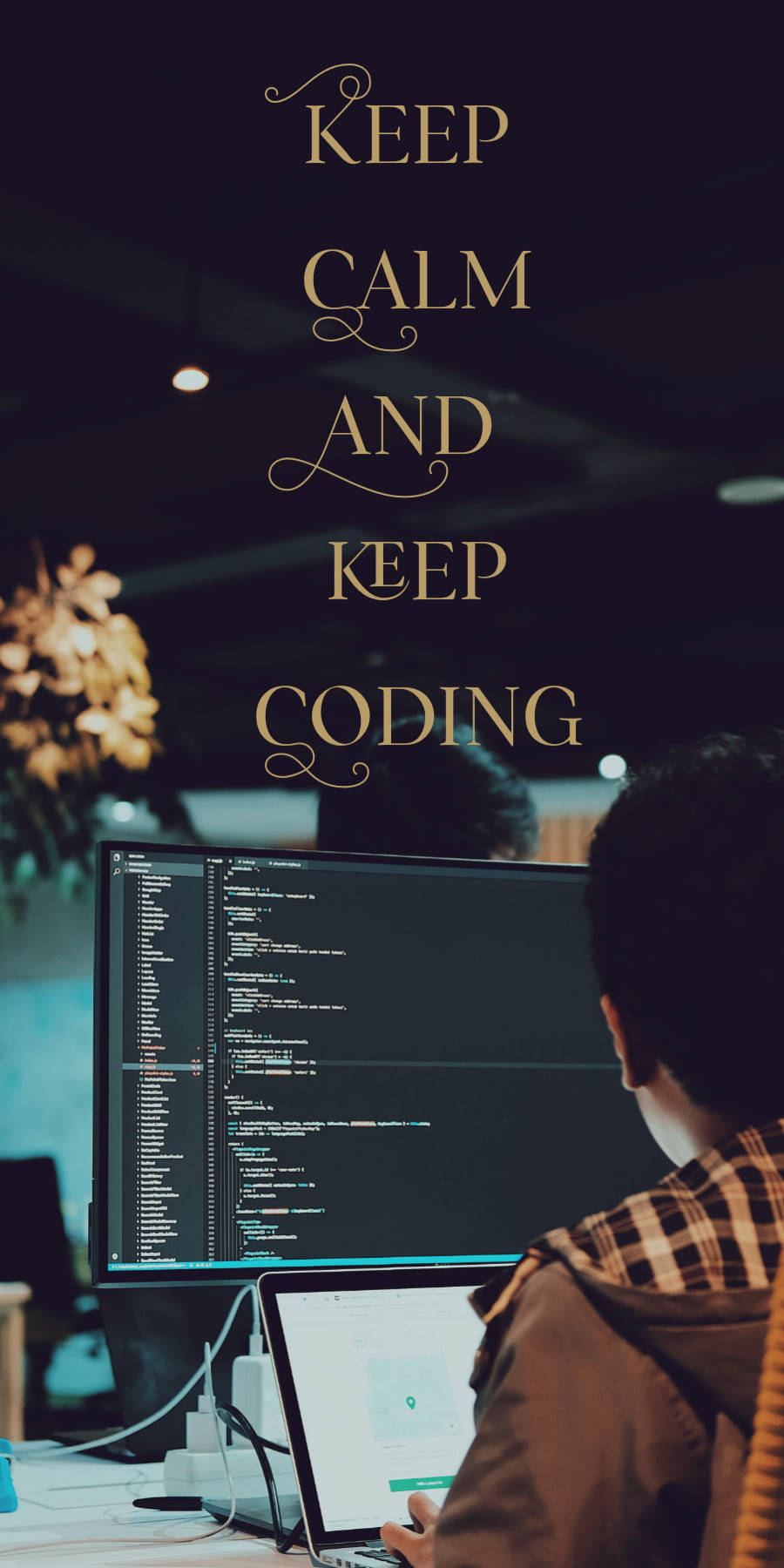 Programming iPhone, plaid shirt, large monitor, HD Phone Wallpaper
