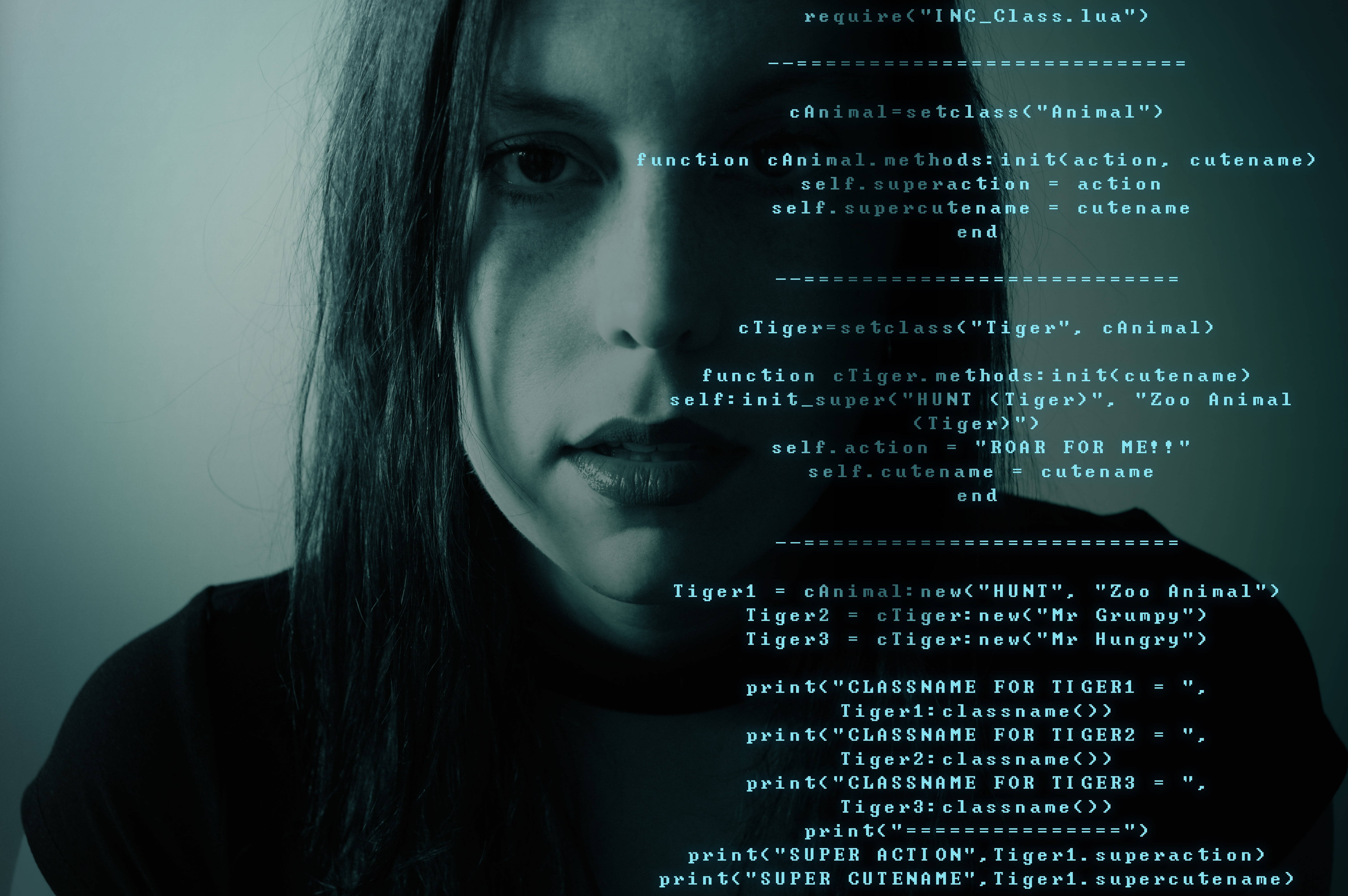 teal Lua code, tiger class, young woman, 5K Desktop Wallpaper