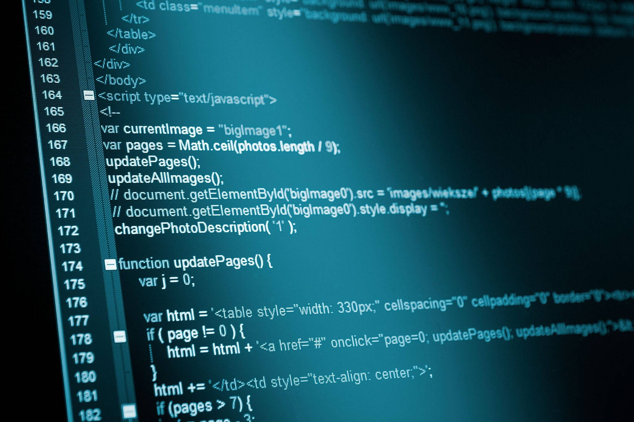 HTML, JavaScript, glowing teal computer code, Full HD Desktop Wallpaper
