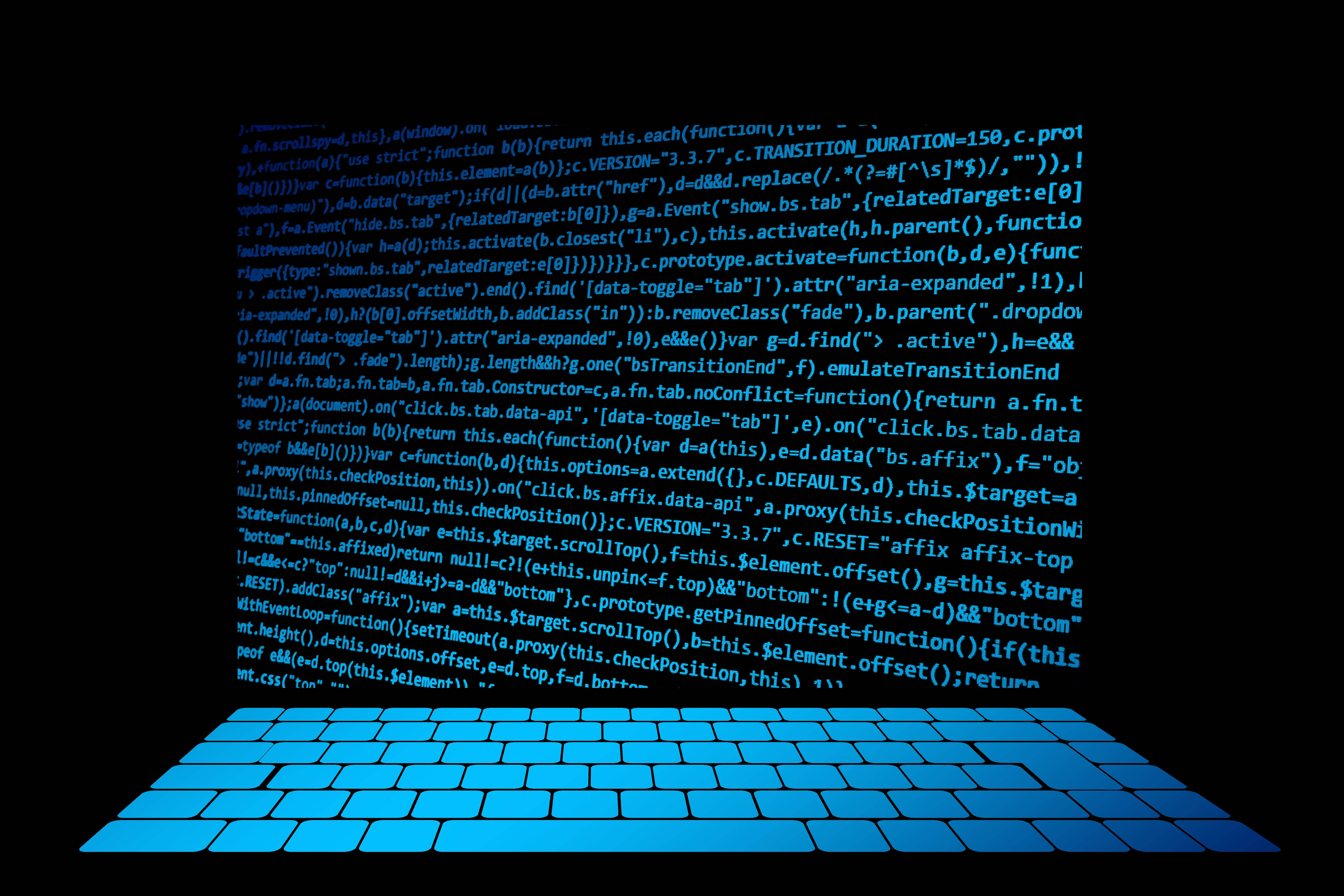 blue glowing code streams, digital keyboard, dark futuristic tech environment, 5K Desktop Wallpaper