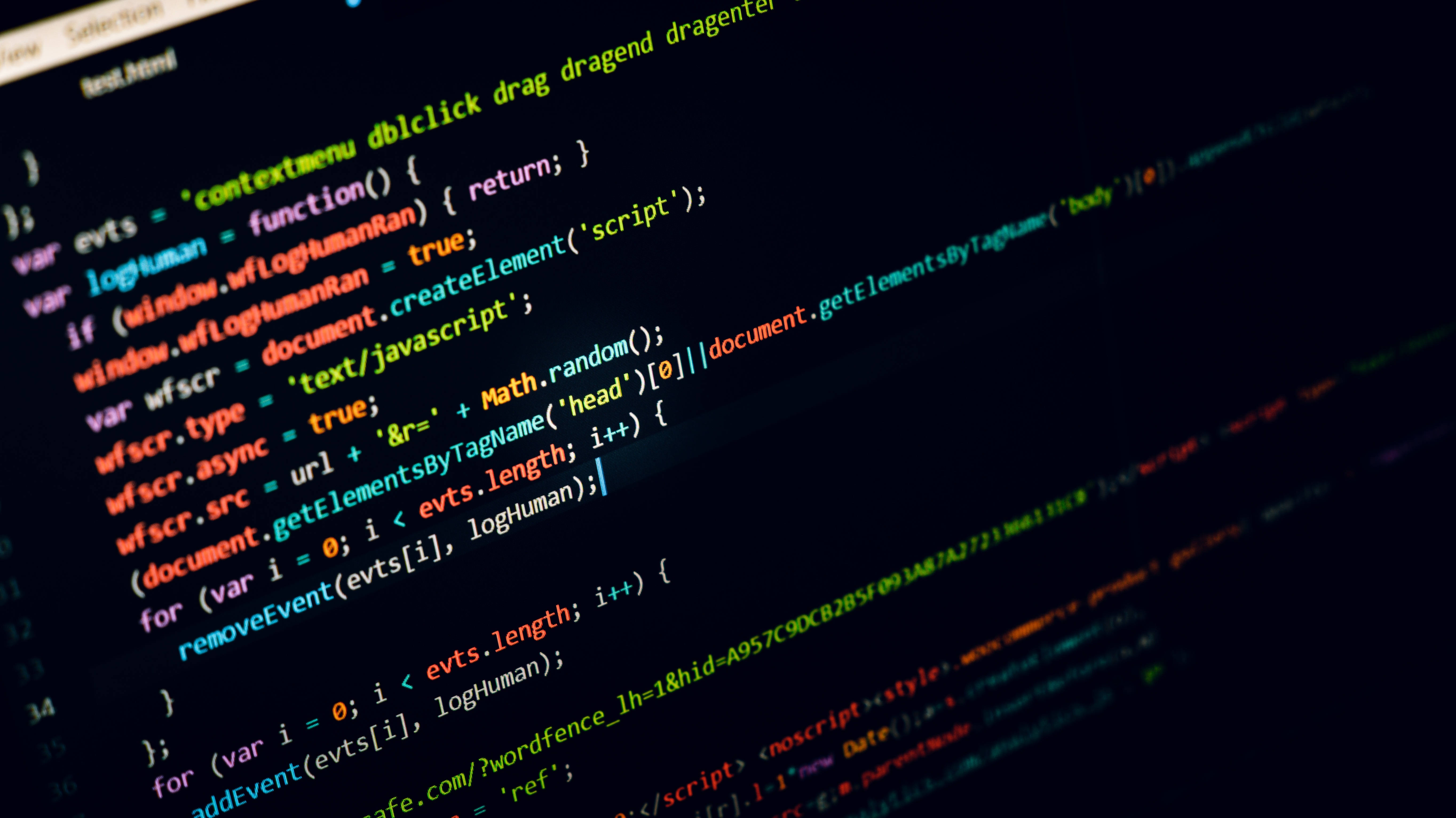 glowing colorful code lines, dark computer screen, blurred background, 5K Desktop Wallpaper