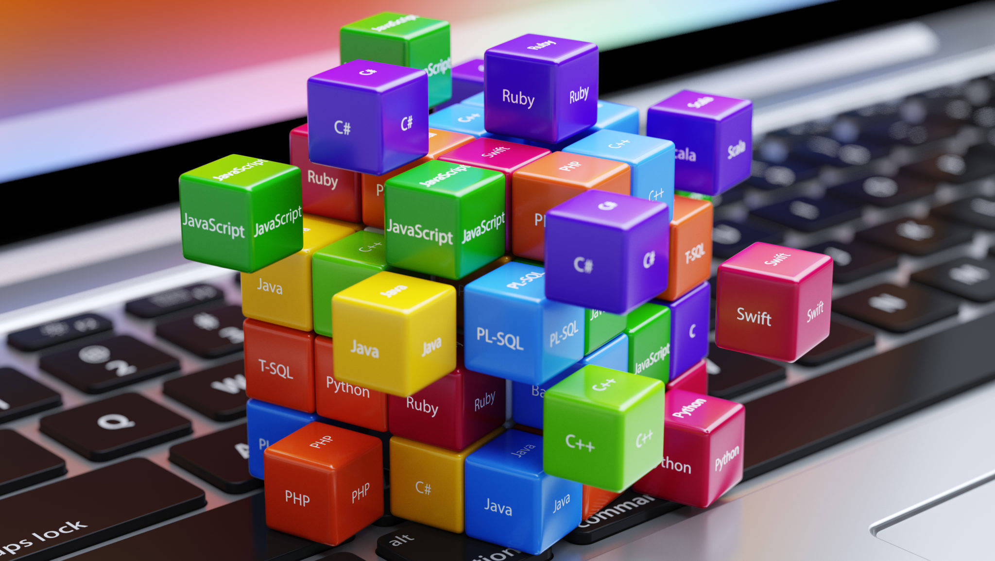 programming languages, colorful cubes, laptop keyboard, Full HD Desktop Wallpaper
