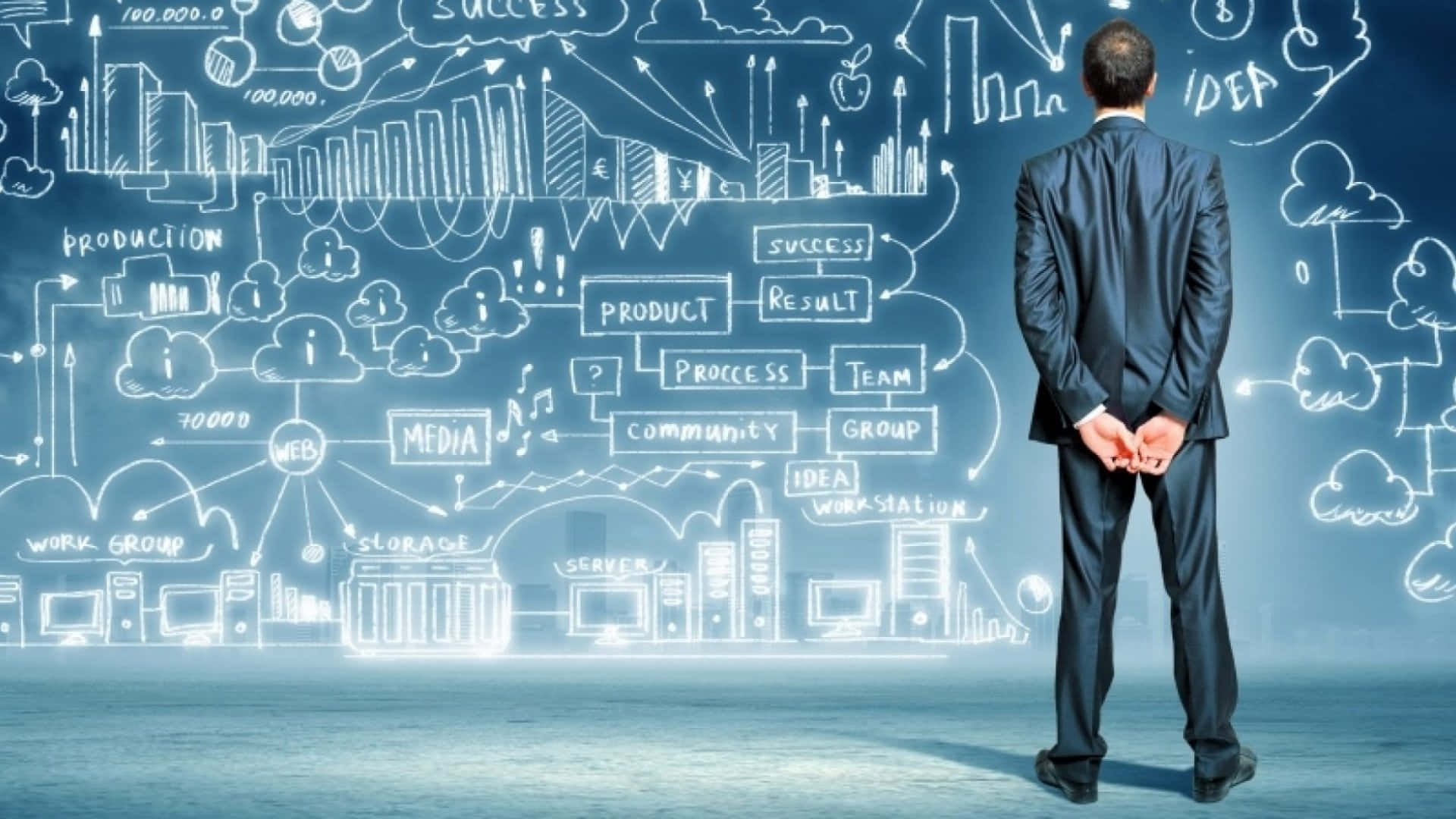 project management doodles, glowing blue wall, white sketched business diagrams, Full HD Desktop Wallpaper