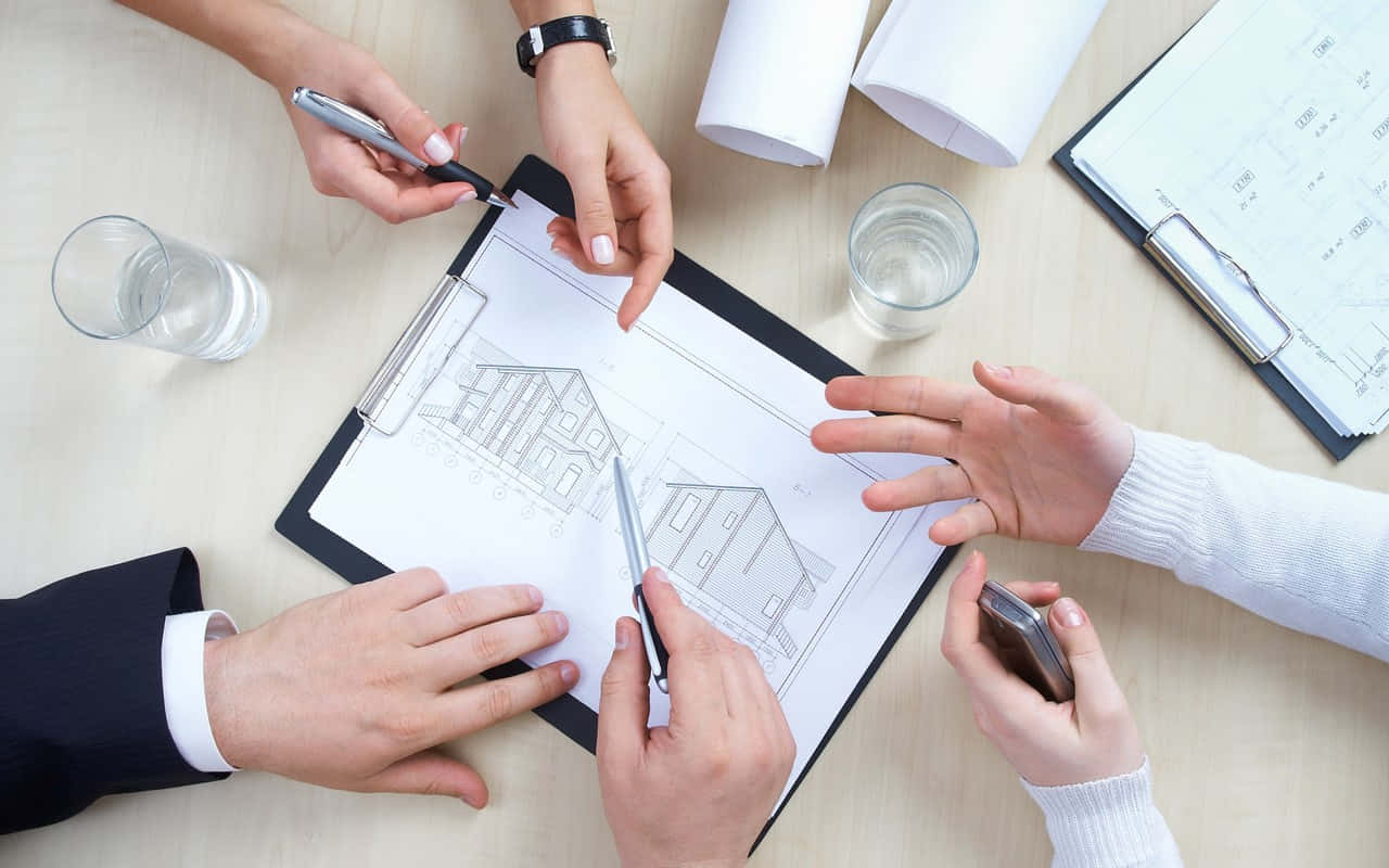 construction project management team, architectural blueprints, wooden desk, HD Desktop Wallpaper
