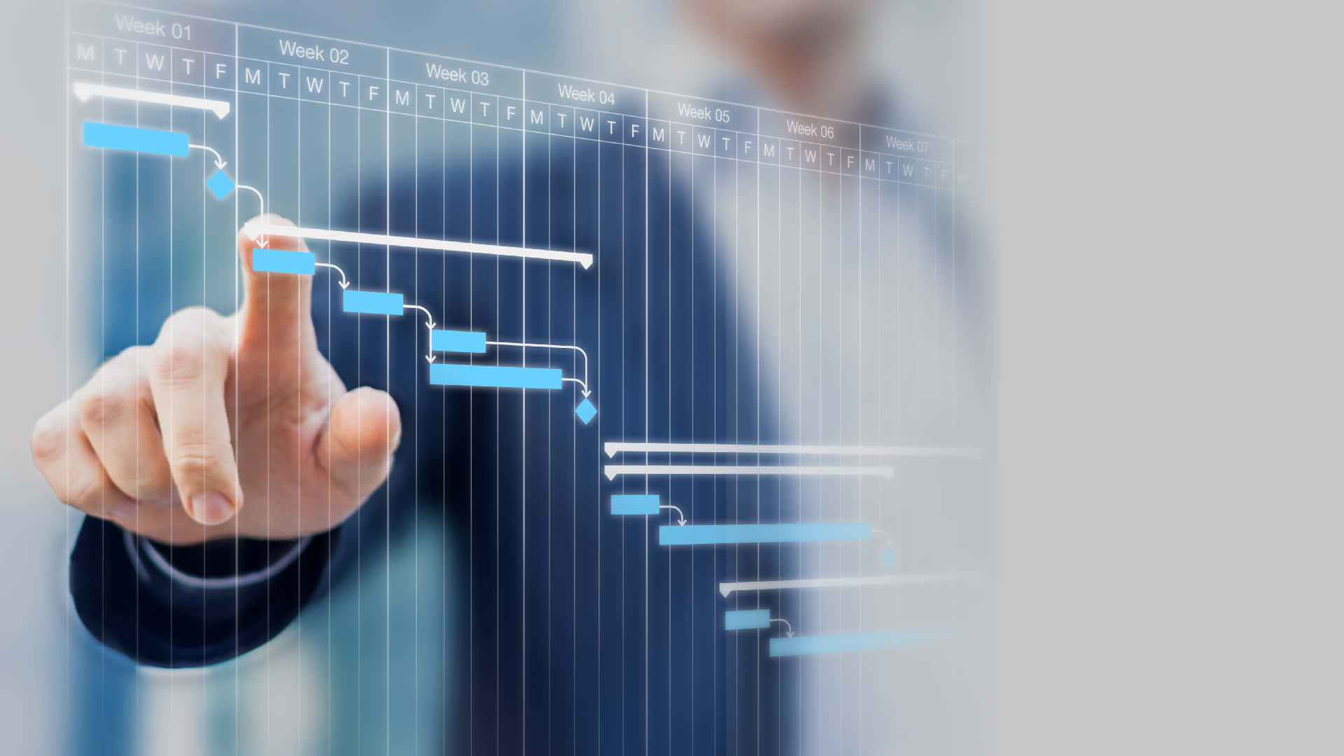 Project Management Timeline, glowing blue digital project timeline, blurred businessperson, Full HD Desktop Wallpaper