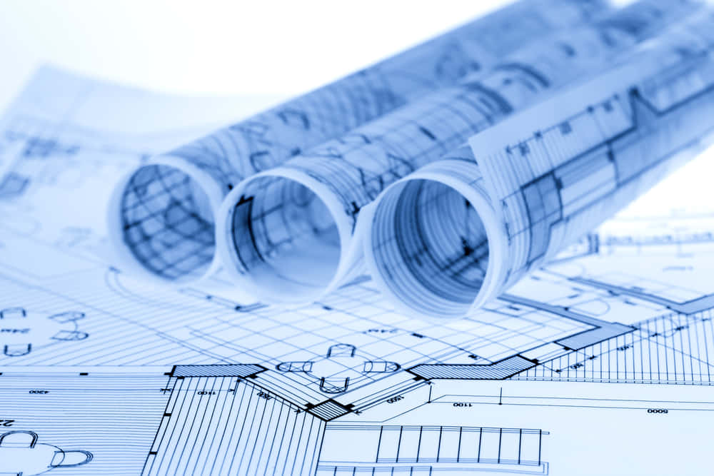 blue-tinted architectural blueprints, rolled plans, technical drawing surface, SD Desktop Wallpaper