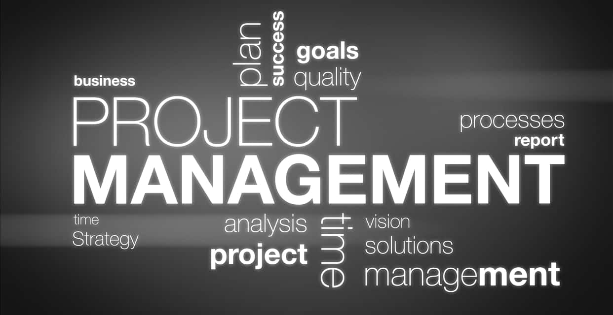 Project Management, dark gradient background, bold white text, SD Desktop Wallpaper