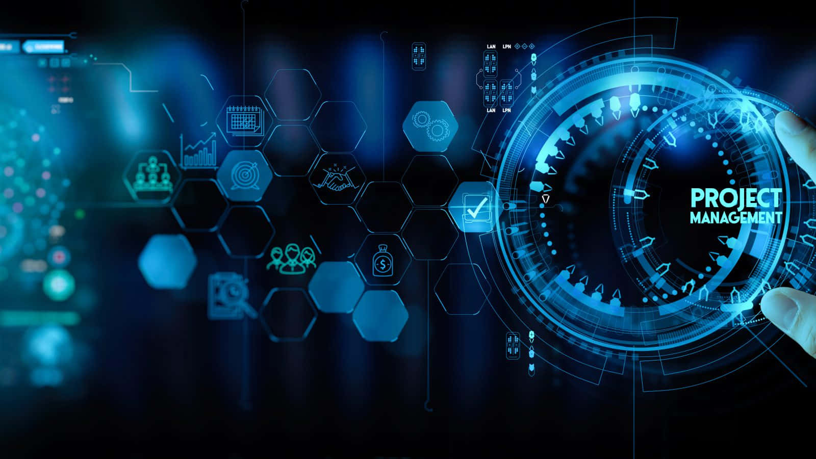 glowing blue holographic interface, project management data, hexagonal icons, HD Desktop Wallpaper