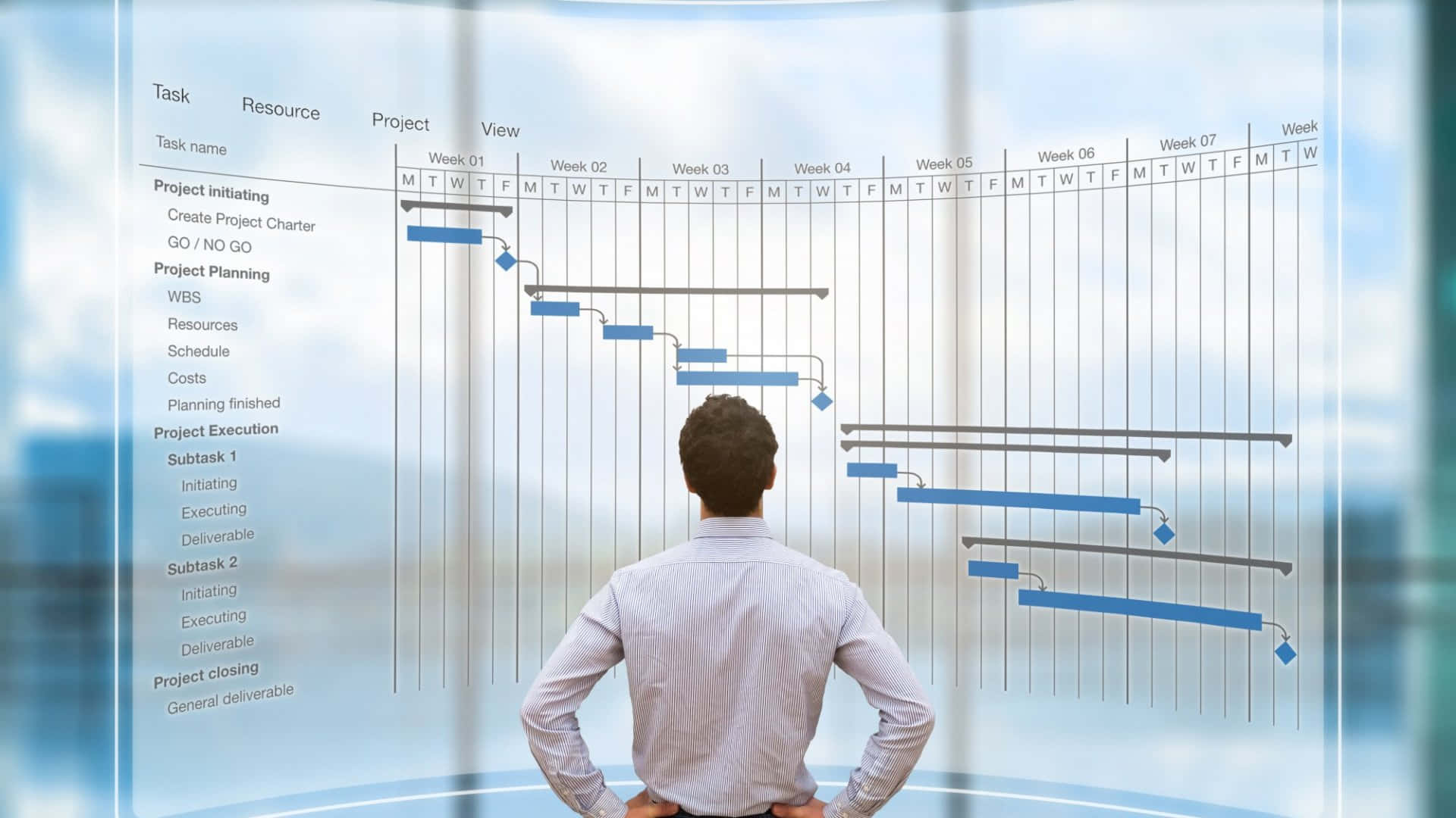 businessman, holographic project management schedule, digital Gantt chart, Full HD Desktop Wallpaper