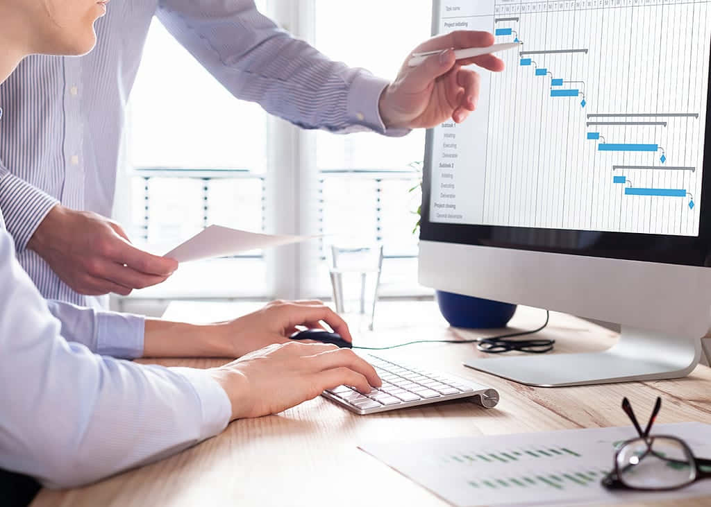 Gantt chart, monitor, keyboard, SD Desktop Wallpaper