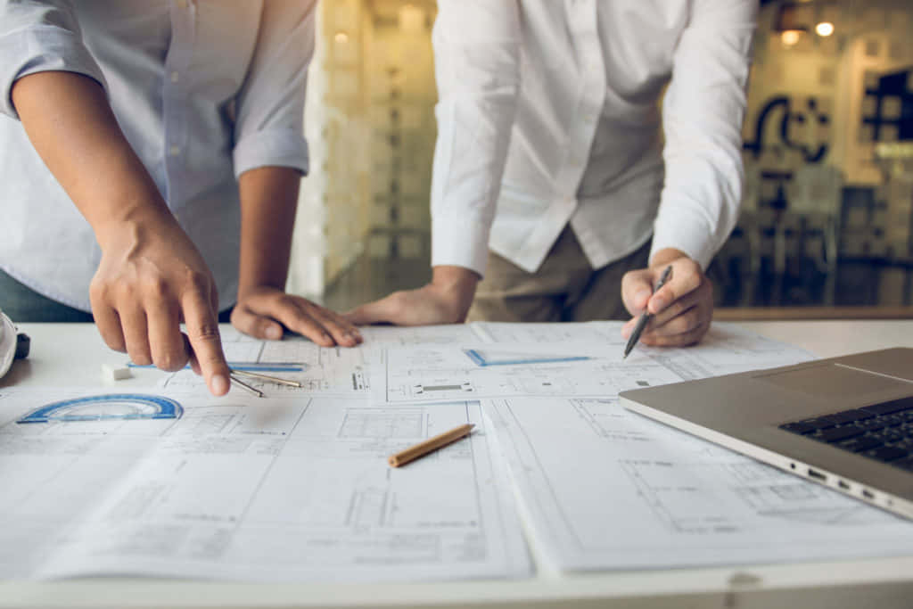 blueprints, laptop, bright modern office workspace, SD Desktop Wallpaper