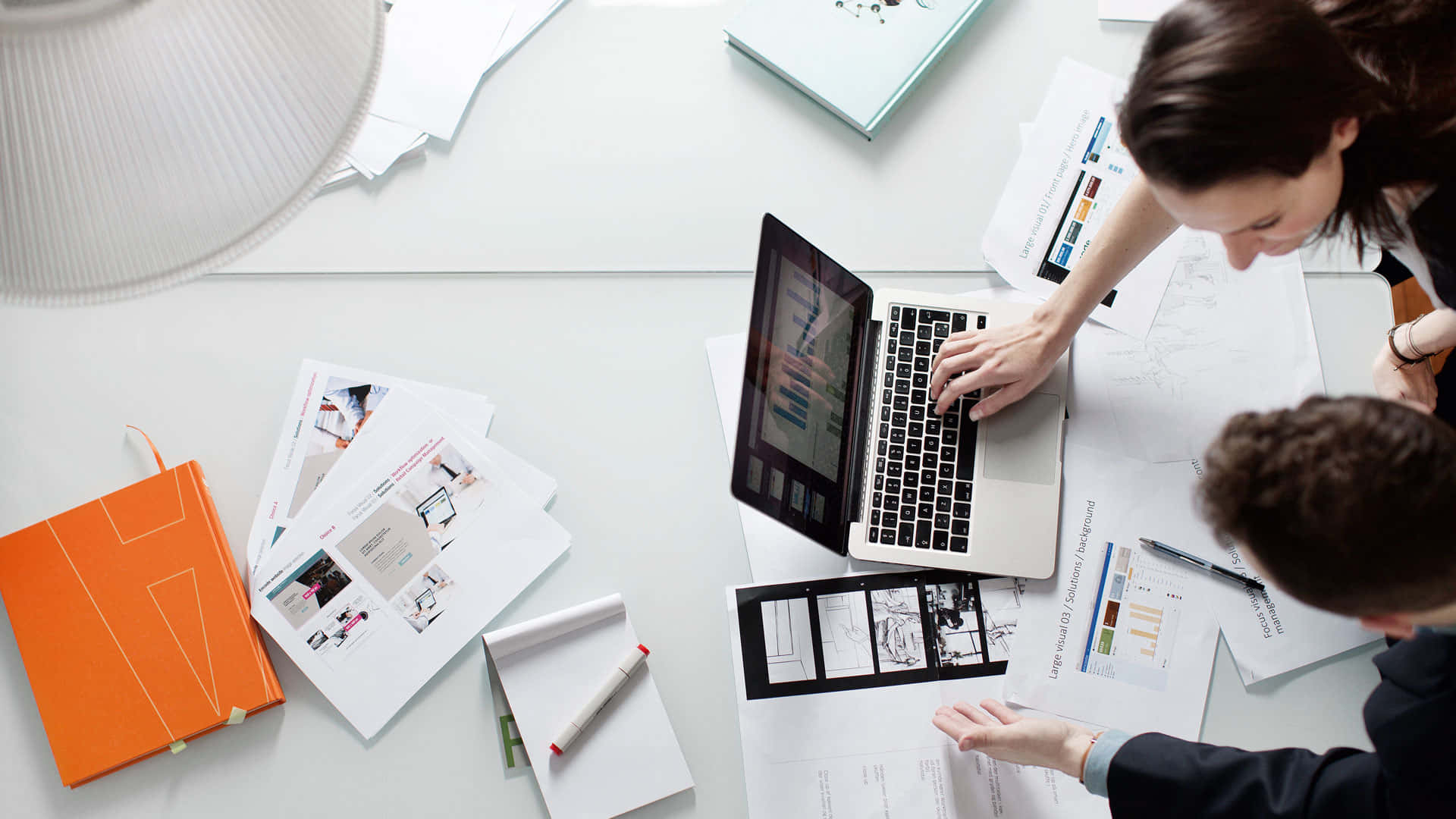 Project Management, white desk, orange notebook, Full HD Desktop Wallpaper