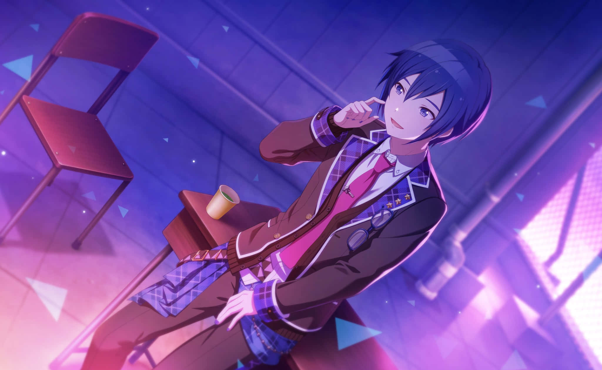 blue-haired anime boy, school uniform, vibrant purple and pink lit room, Full HD Desktop Wallpaper