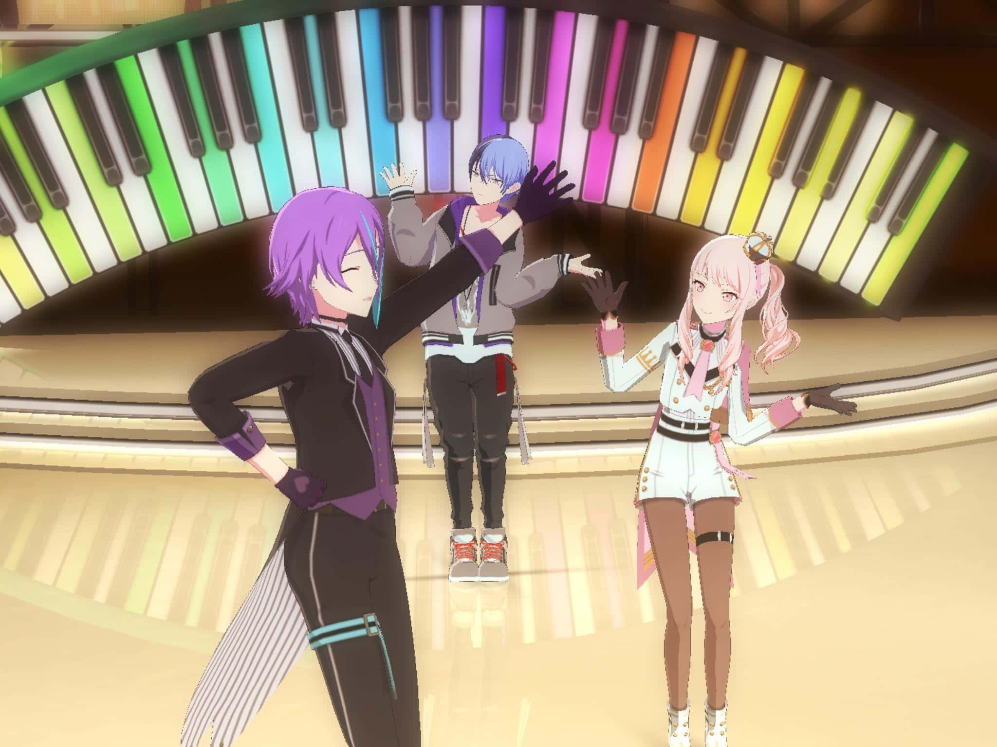 Project Sekai, colorful stage performance, giant colorful piano keyboard, Full HD Desktop Wallpaper