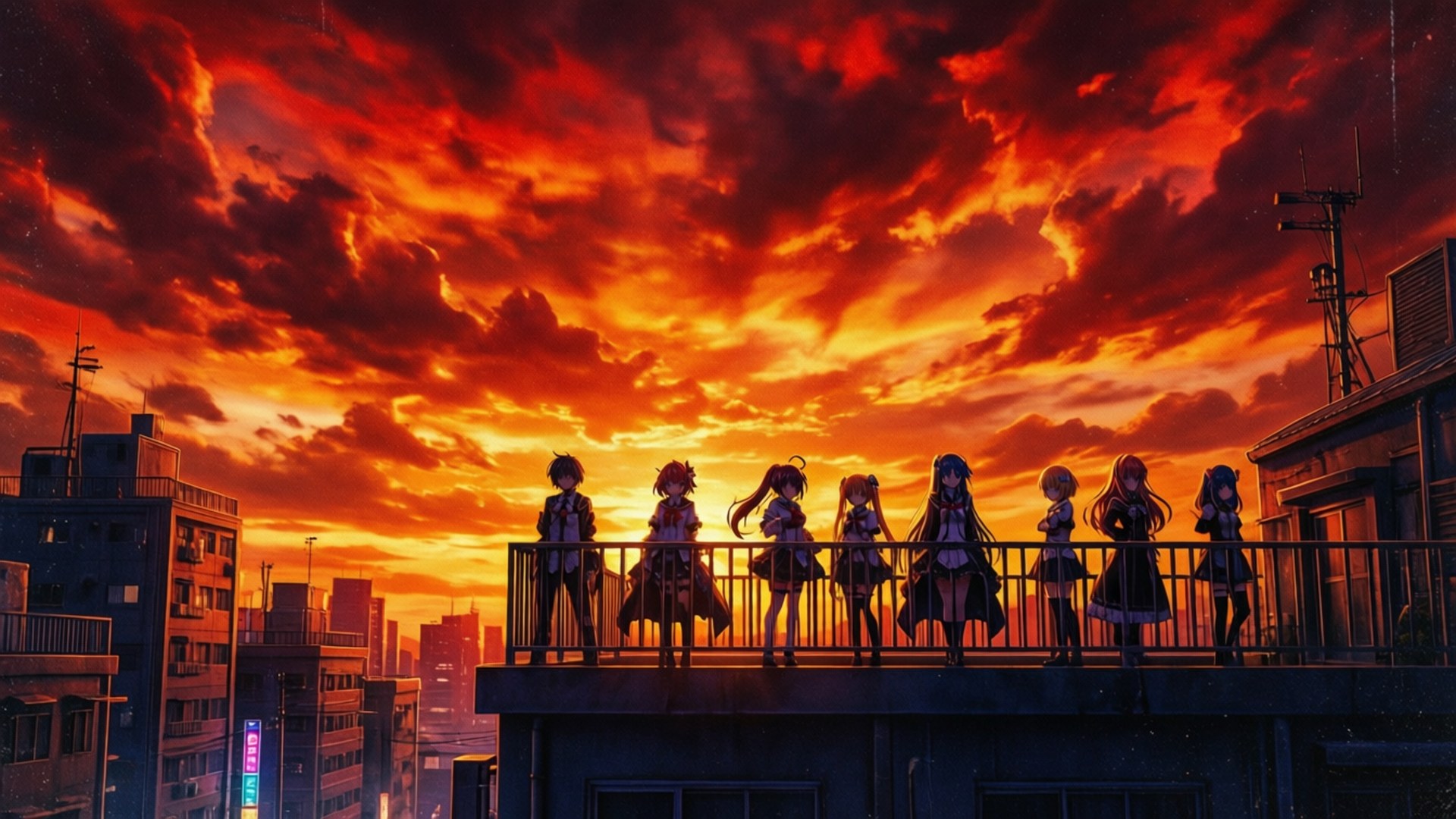 sunset rooftop, vaporwave, Project Sekai, Full HD Desktop Wallpaper