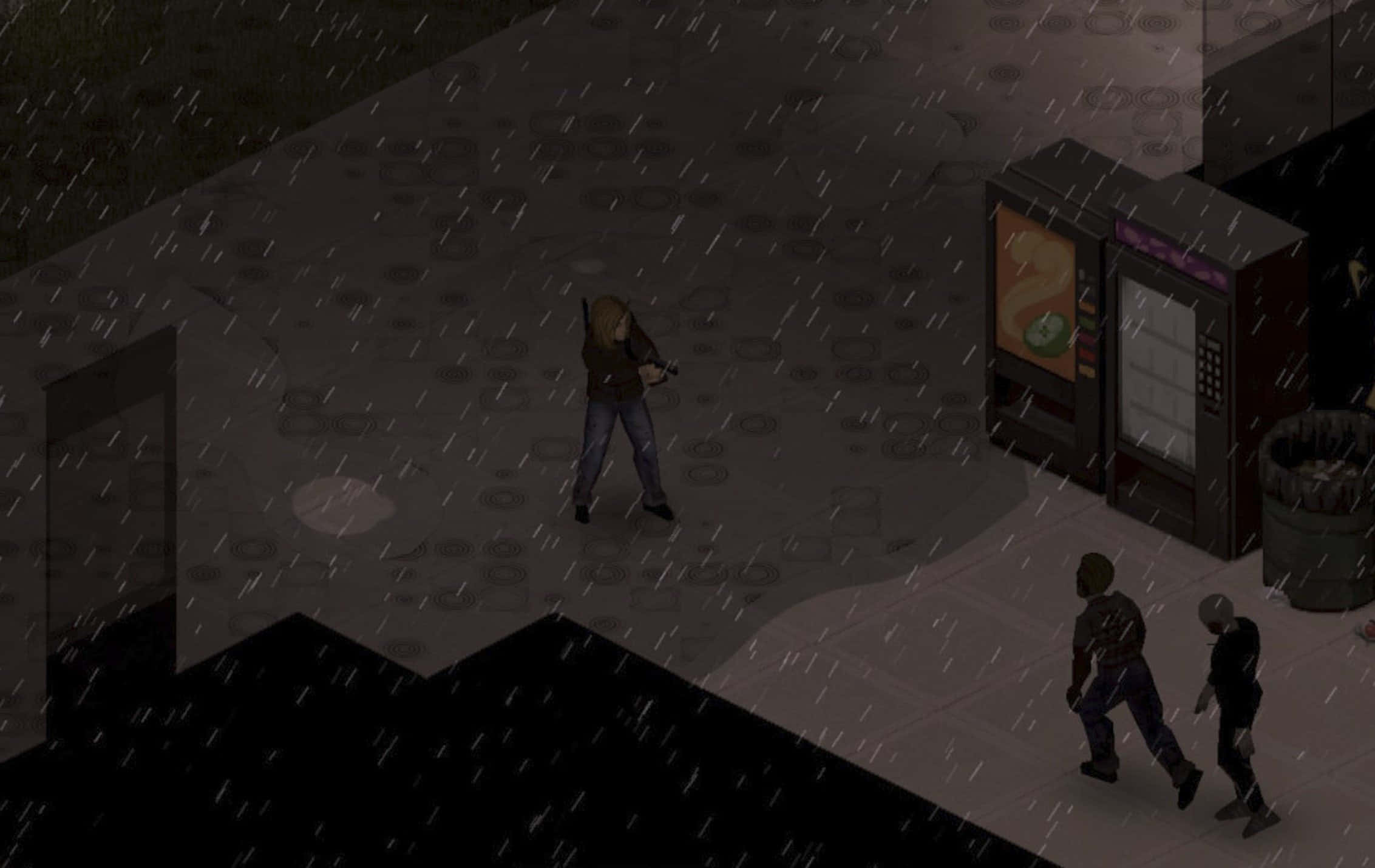 Project Zomboid, rainy zombie encounter, isometric view, Full HD Desktop Wallpaper