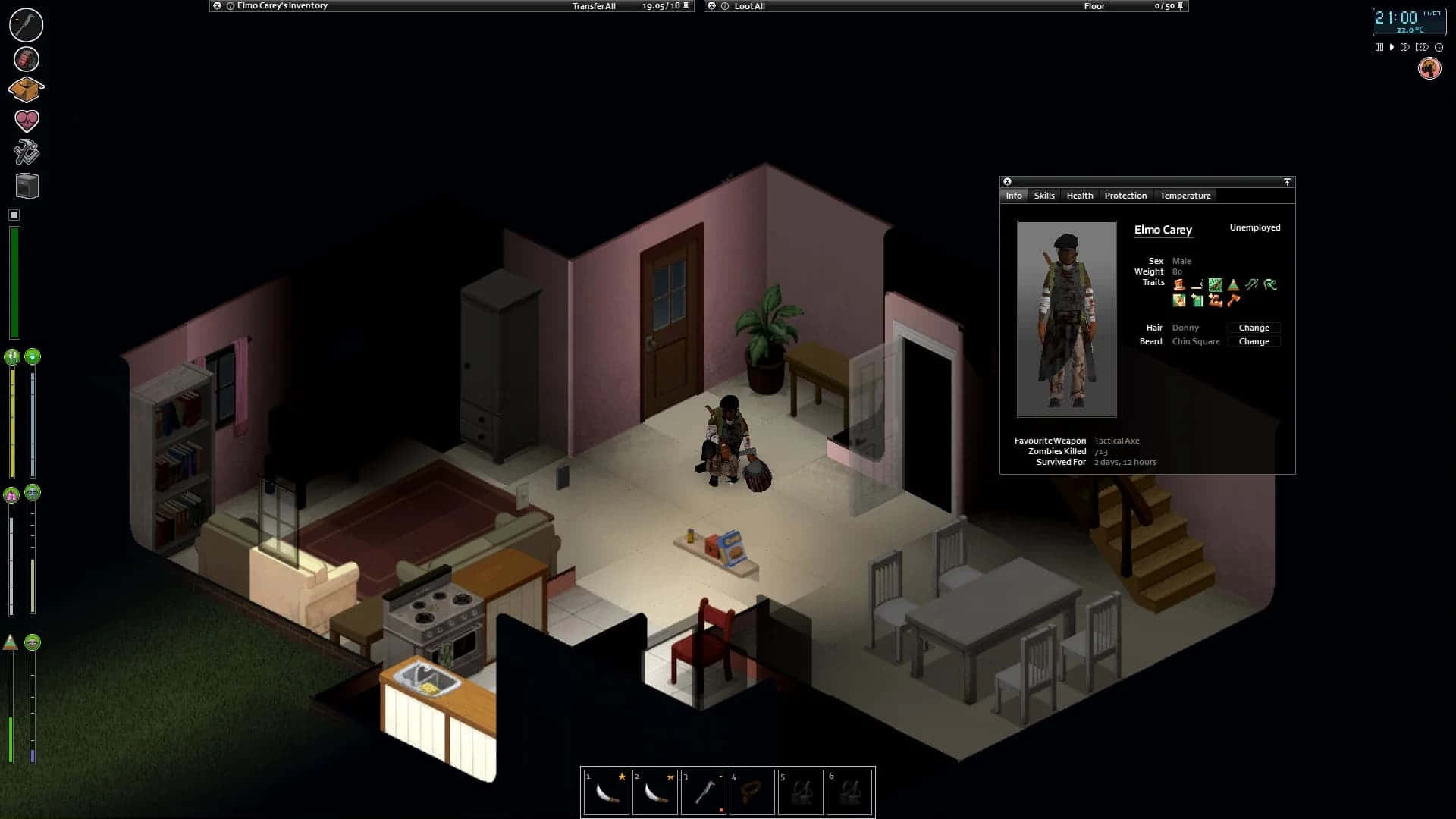 Project Zomboid, isometric view, dimly lit pink-walled apartment, Full HD Desktop Wallpaper