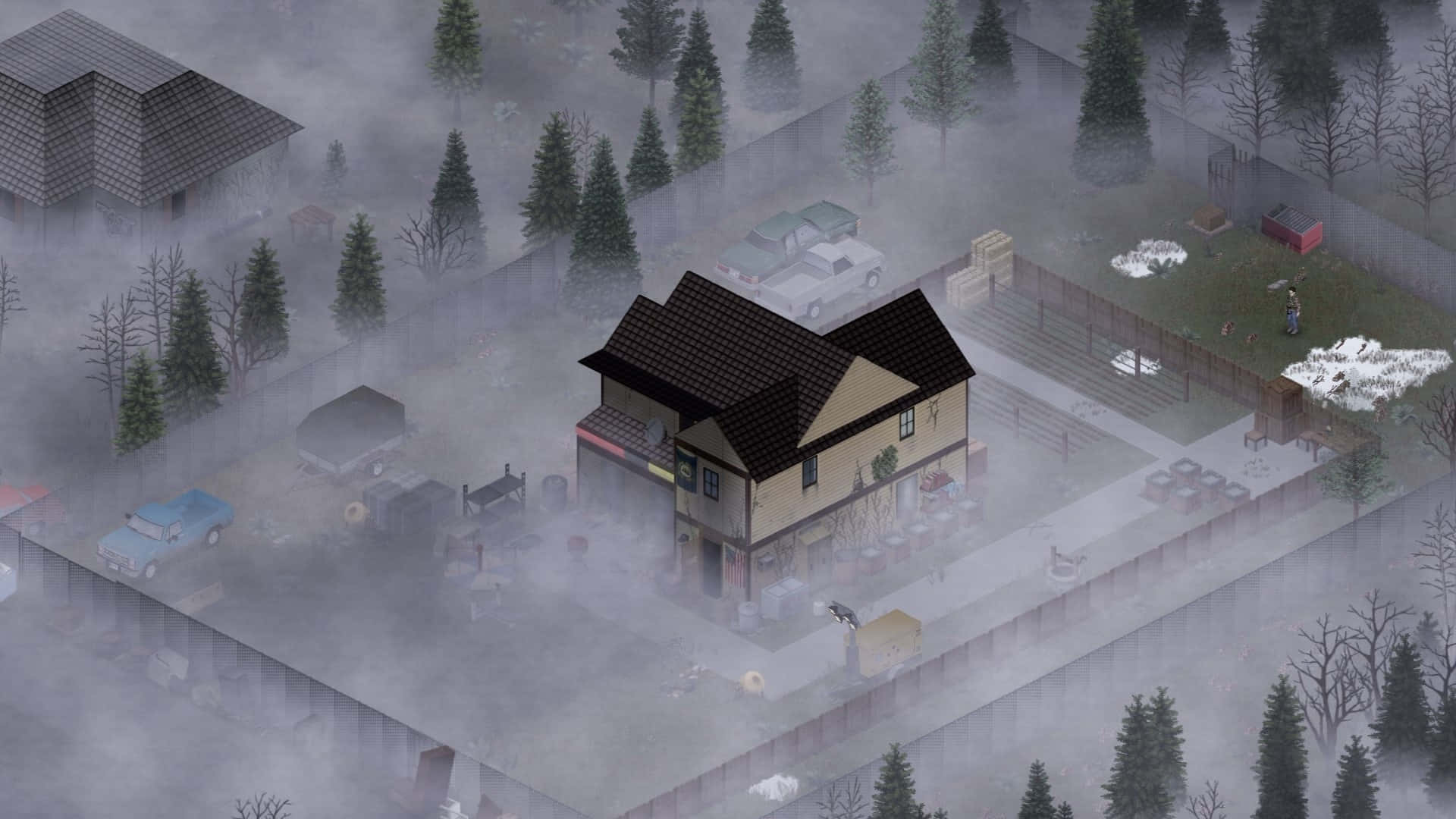Project Zomboid, foggy town scene, beige house, Full HD Desktop Wallpaper