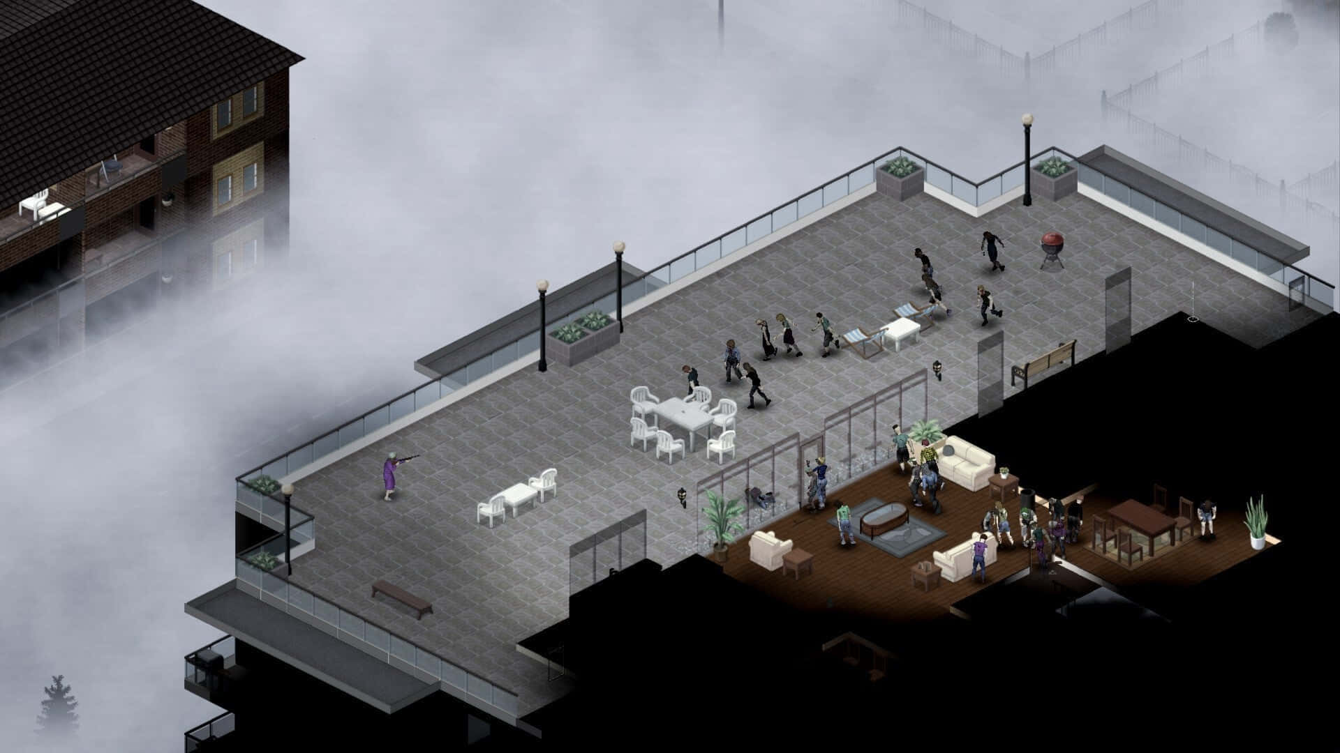 Project Zomboid, rooftop terrace, isometric view, Full HD Desktop Wallpaper