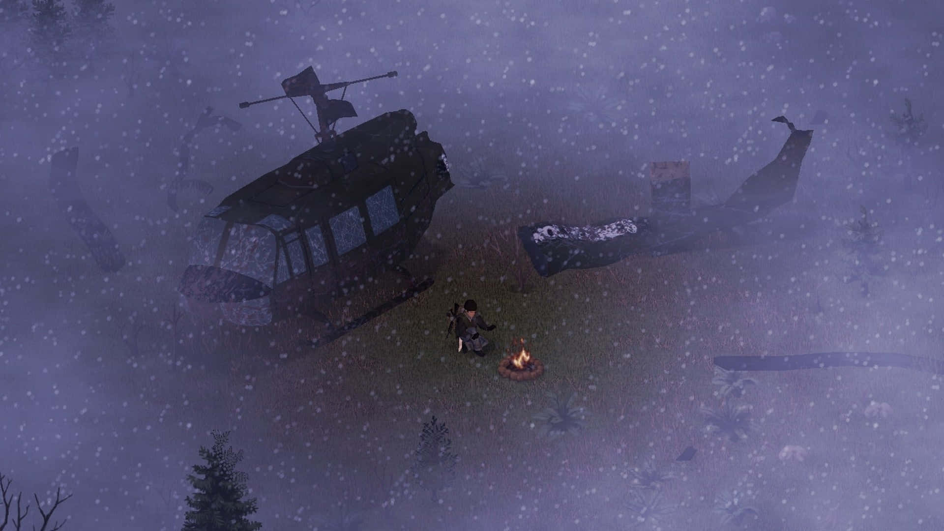 Project Zomboid, crashed helicopter, snowy forest, Full HD Desktop Wallpaper