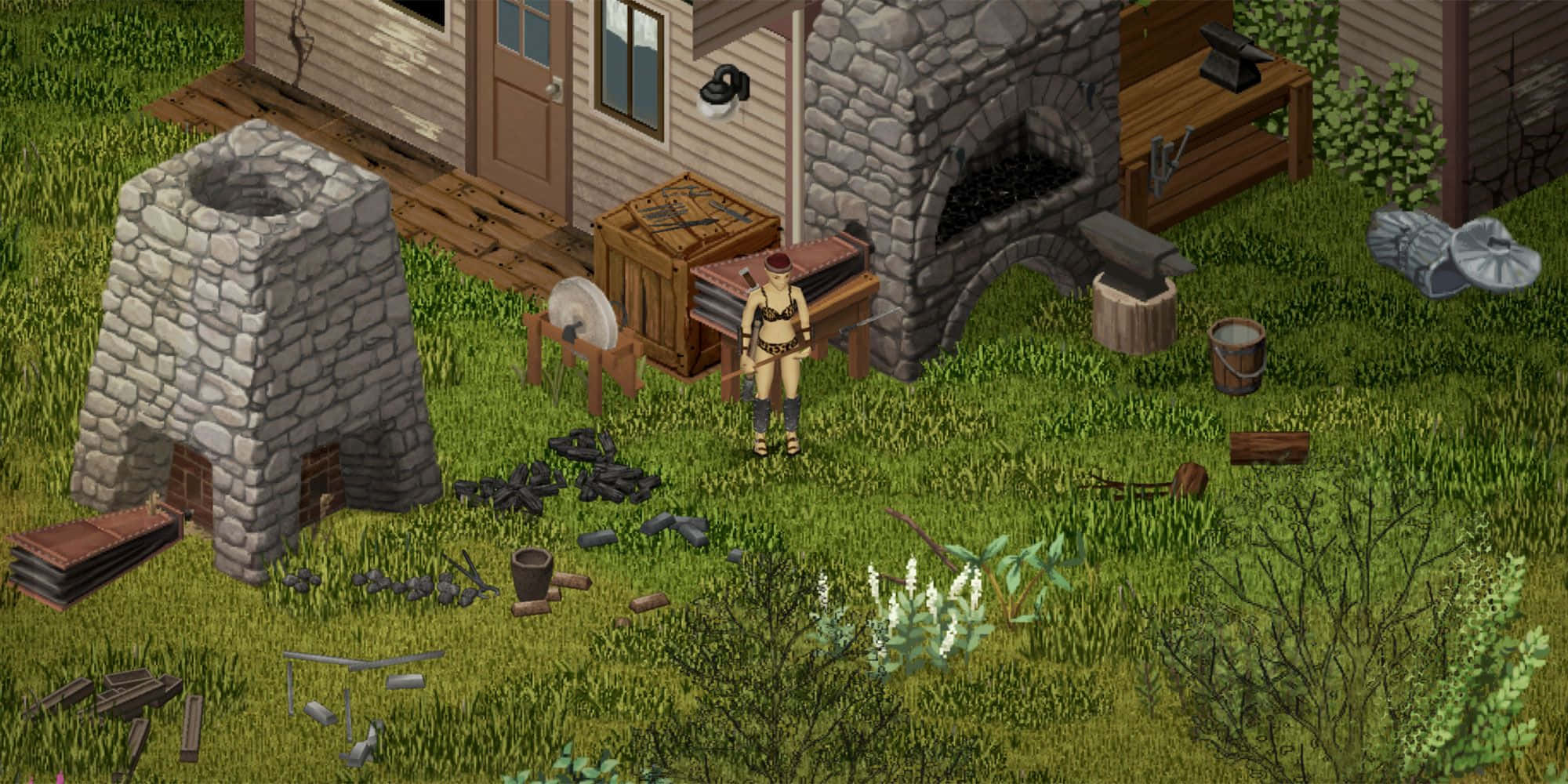 Project Zomboid, pixel art character, grassy yard, Full HD Desktop Wallpaper