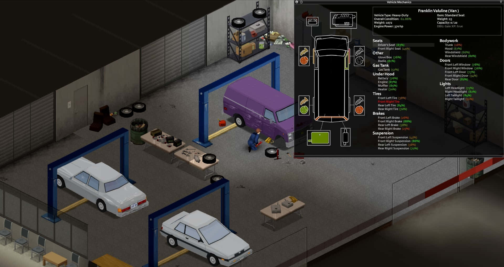 Project Zomboid, vehicle repair garage, three cars on lifts, Full HD Desktop Wallpaper