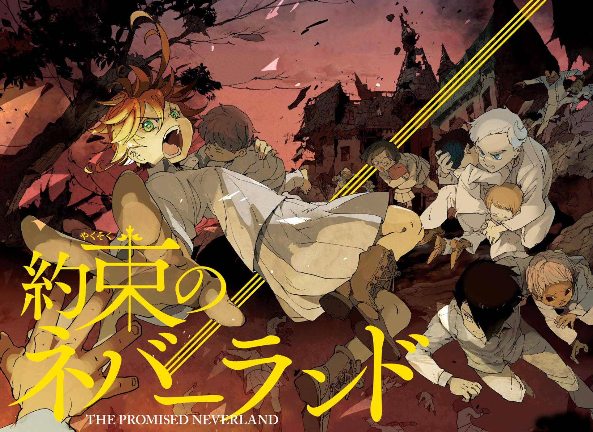 The Promised Neverland, white uniforms, crumbling village, Full HD Desktop Wallpaper
