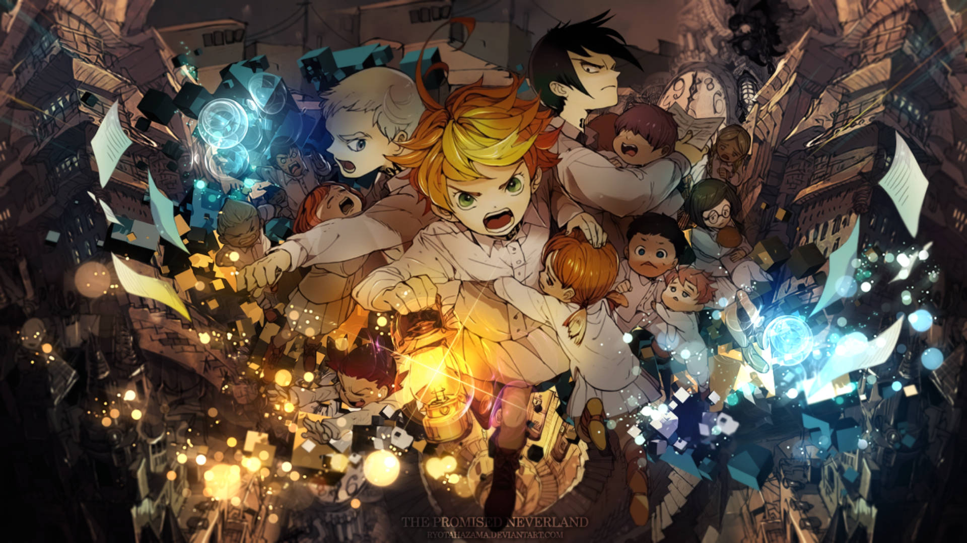 The Promised Neverland, white coats, crumbling cityscape, Full HD Desktop Wallpaper