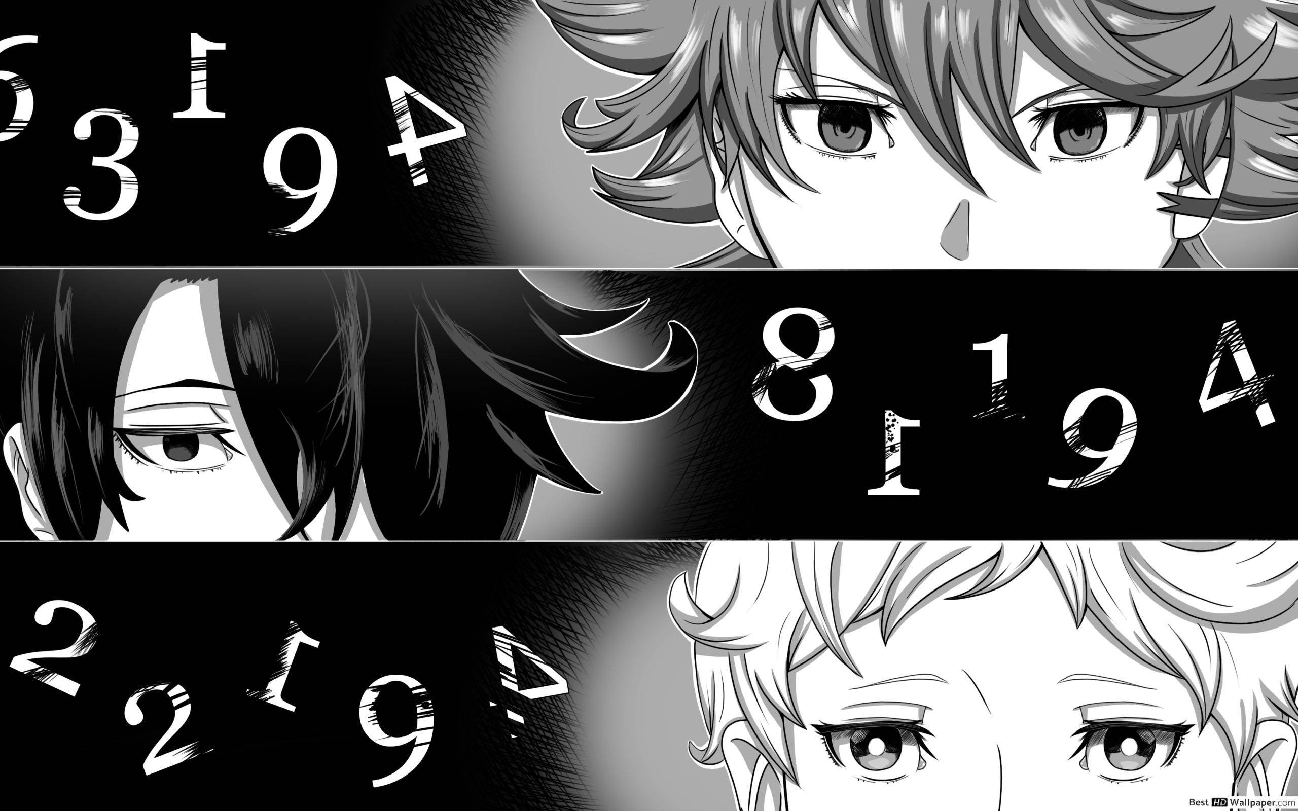 The Promised Neverland, black and white, anime characters, 2K Desktop Wallpaper