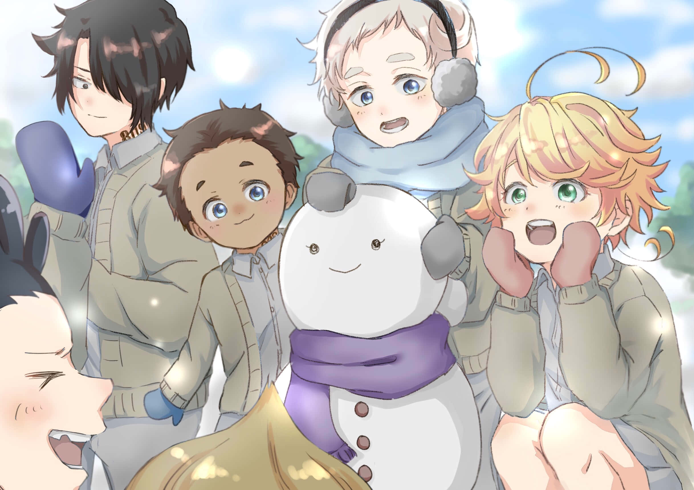 Promised Neverland, characters, winter clothes, Full HD Desktop Wallpaper