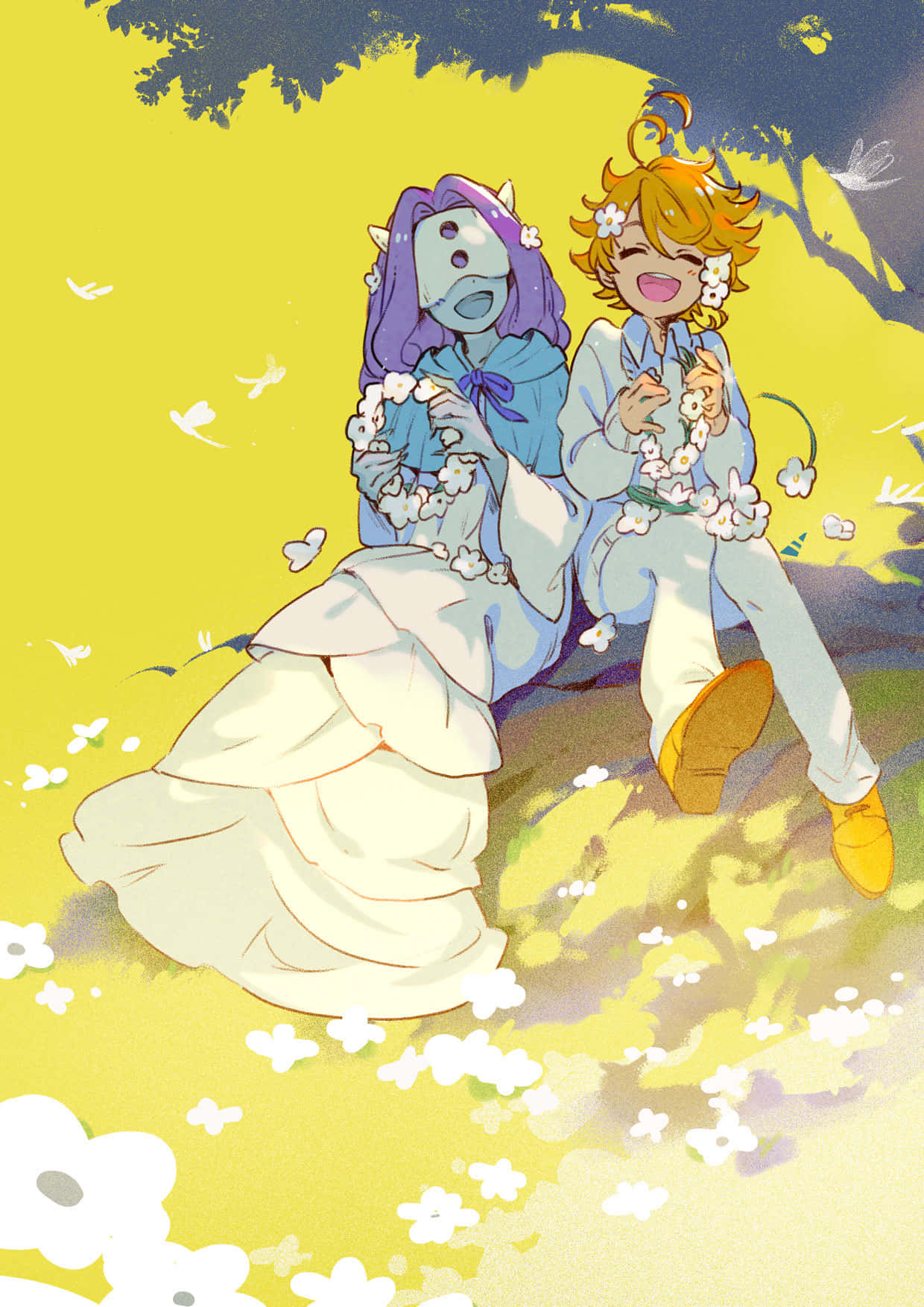 Promised Neverland, floral moment, white flowers, HD Phone Wallpaper