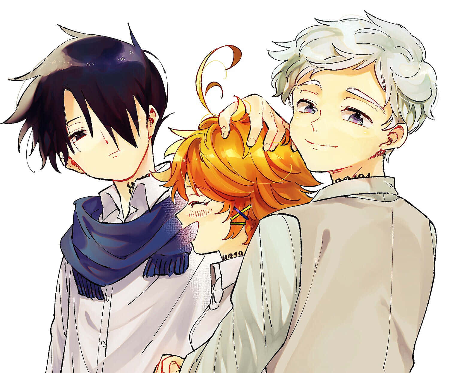 Promised Neverland, trio, dark blue scarf, HD Desktop Wallpaper