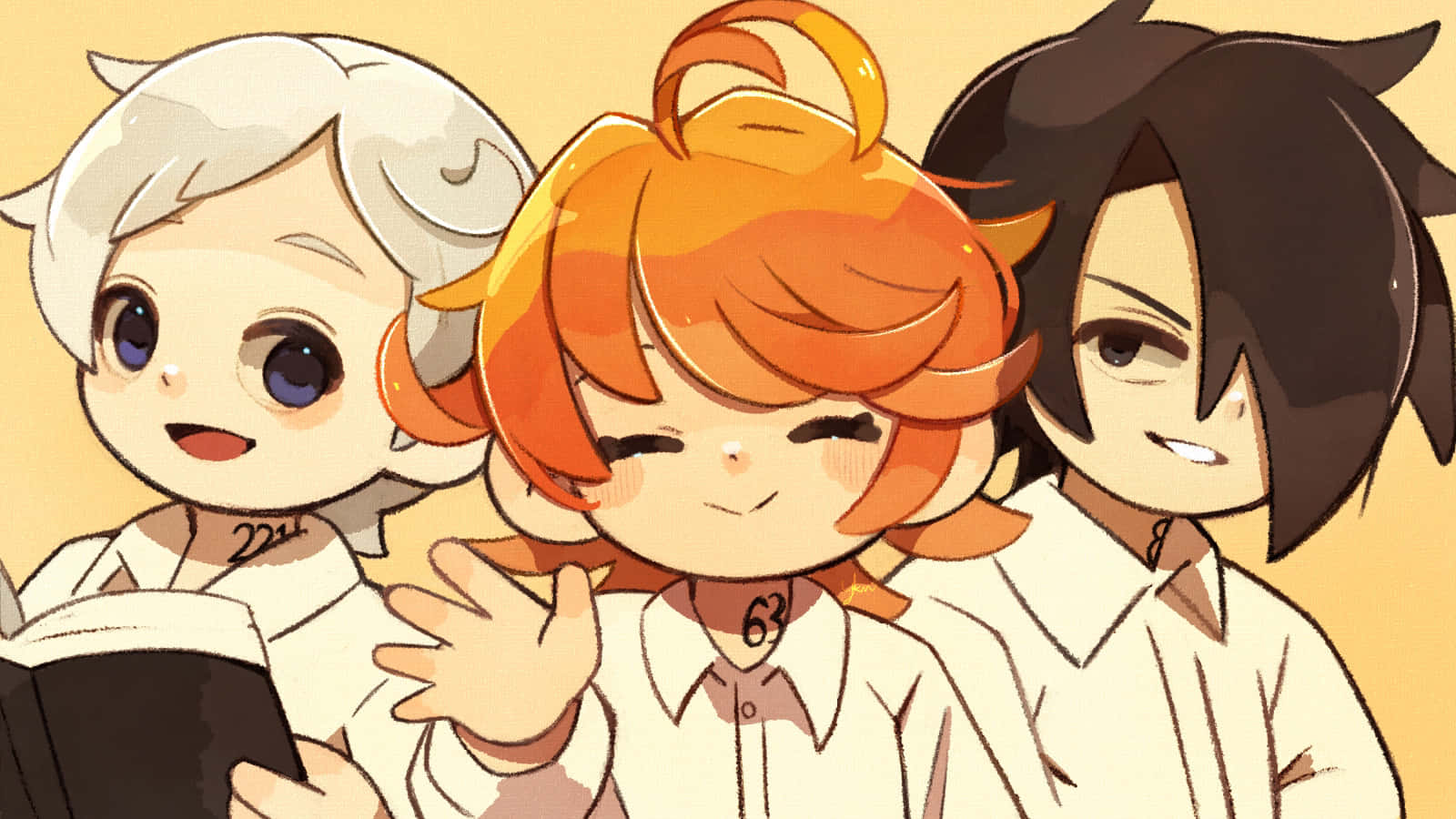 Promised Neverland, trio, chibi anime characters, HD Desktop Wallpaper