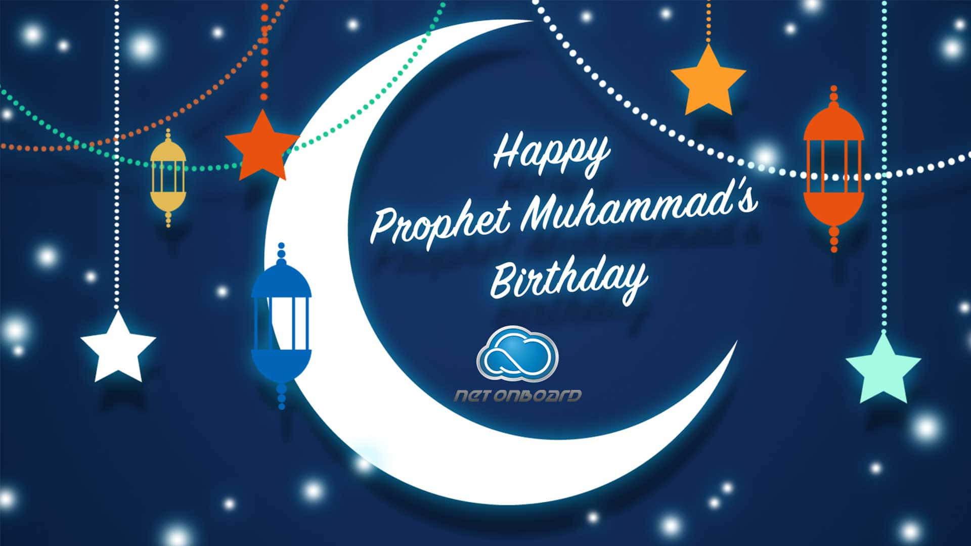 Prophet Muhammad's Birthday, crescent moon, colorful hanging lanterns, Full HD Desktop Wallpaper