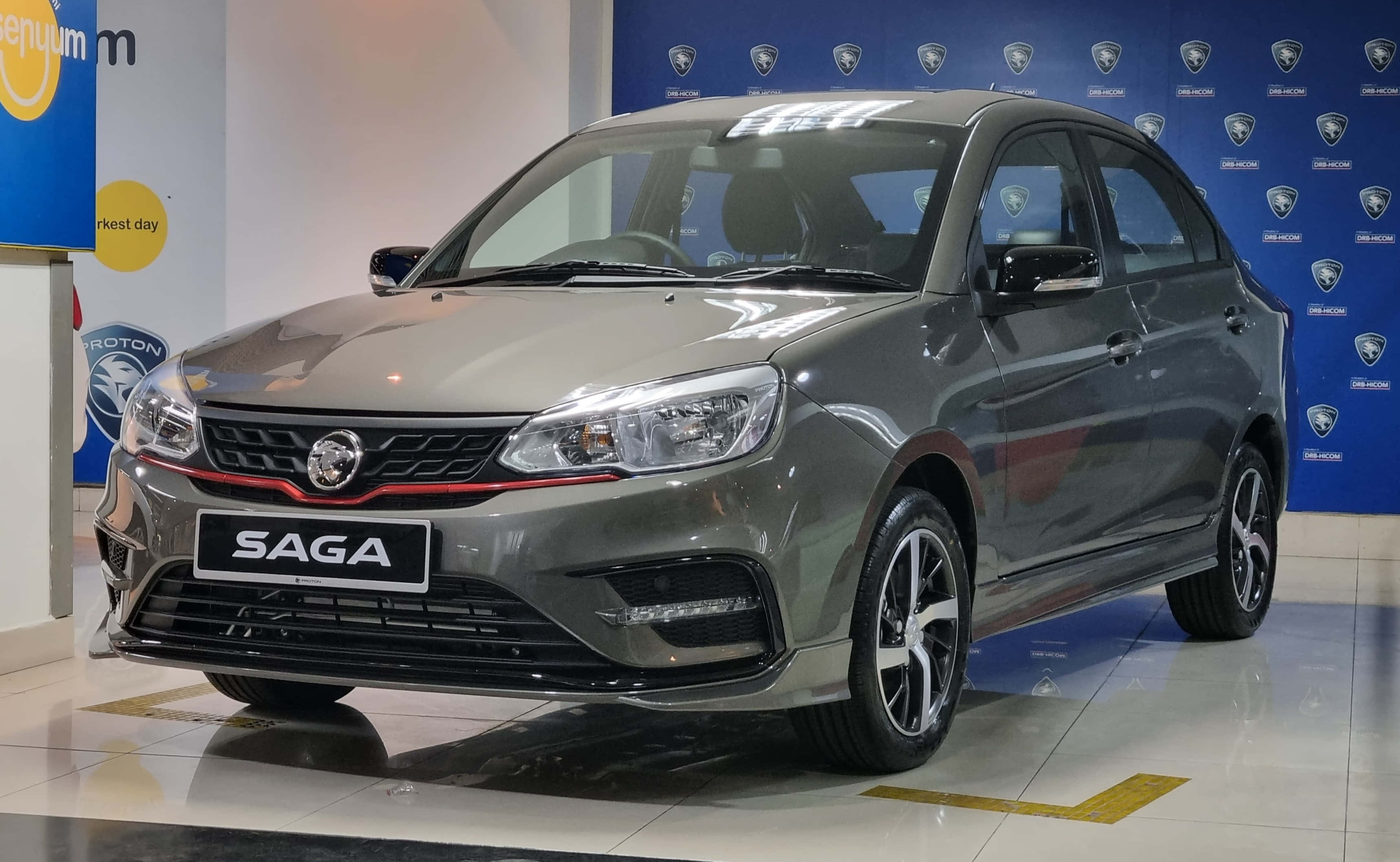 Proton Saga, metallic gray, showroom, 2K Desktop Wallpaper