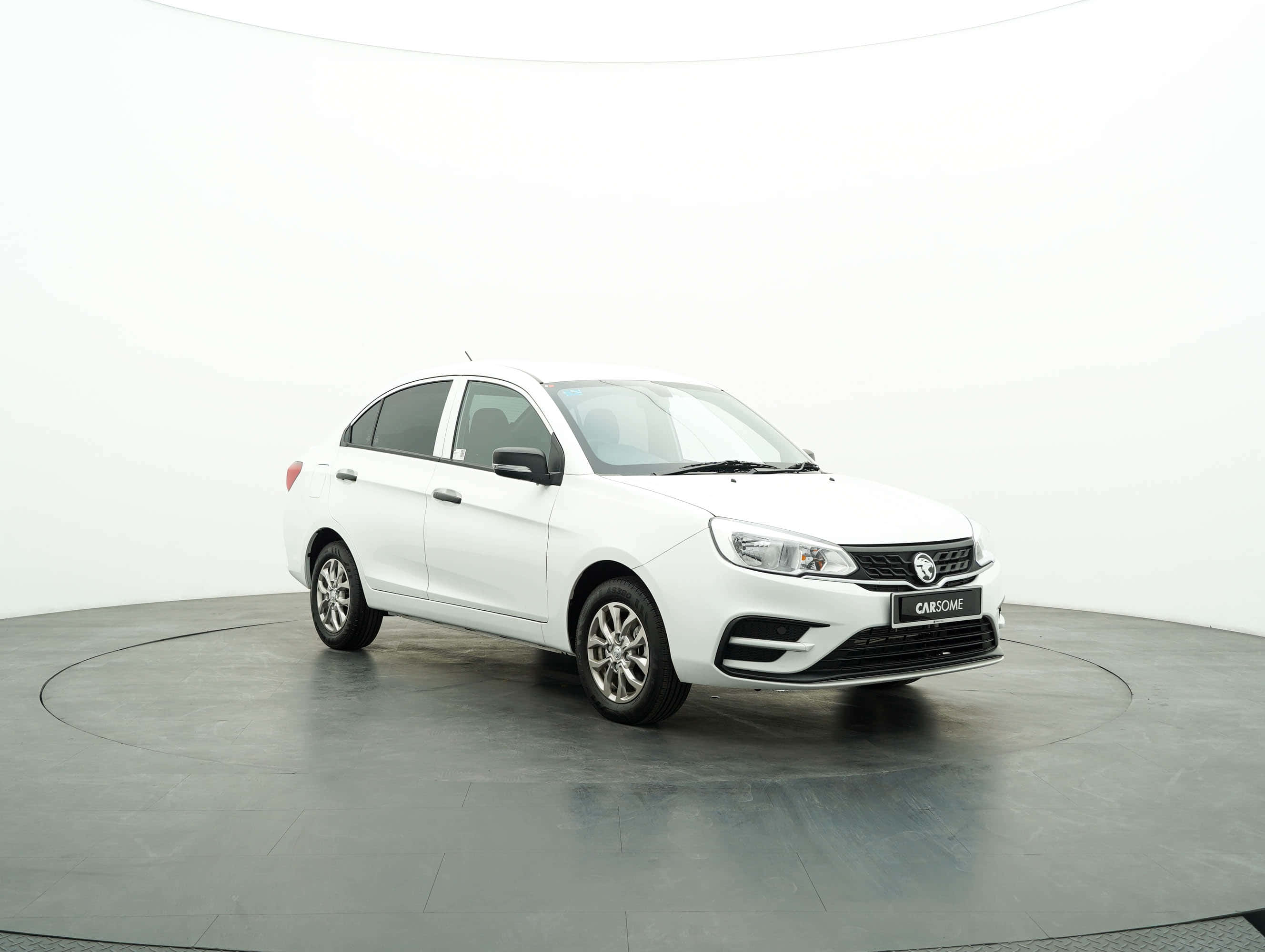 Proton Saga, white sedan, minimalist studio, 2K Desktop Wallpaper